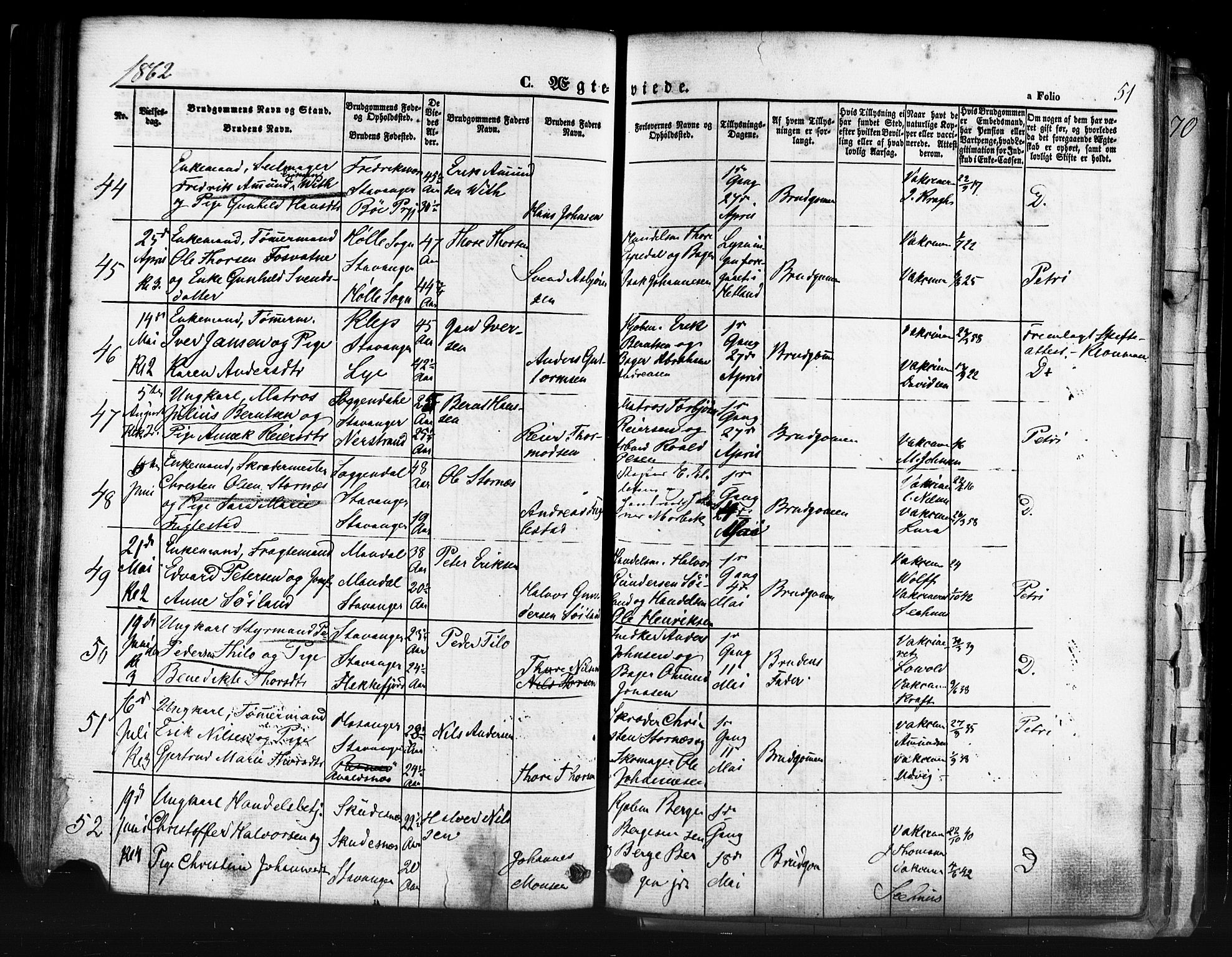 Domkirken sokneprestkontor, AV/SAST-A-101812/001/30/30BB/L0011: Klokkerbok nr. B 11, 1858-1876, s. 51