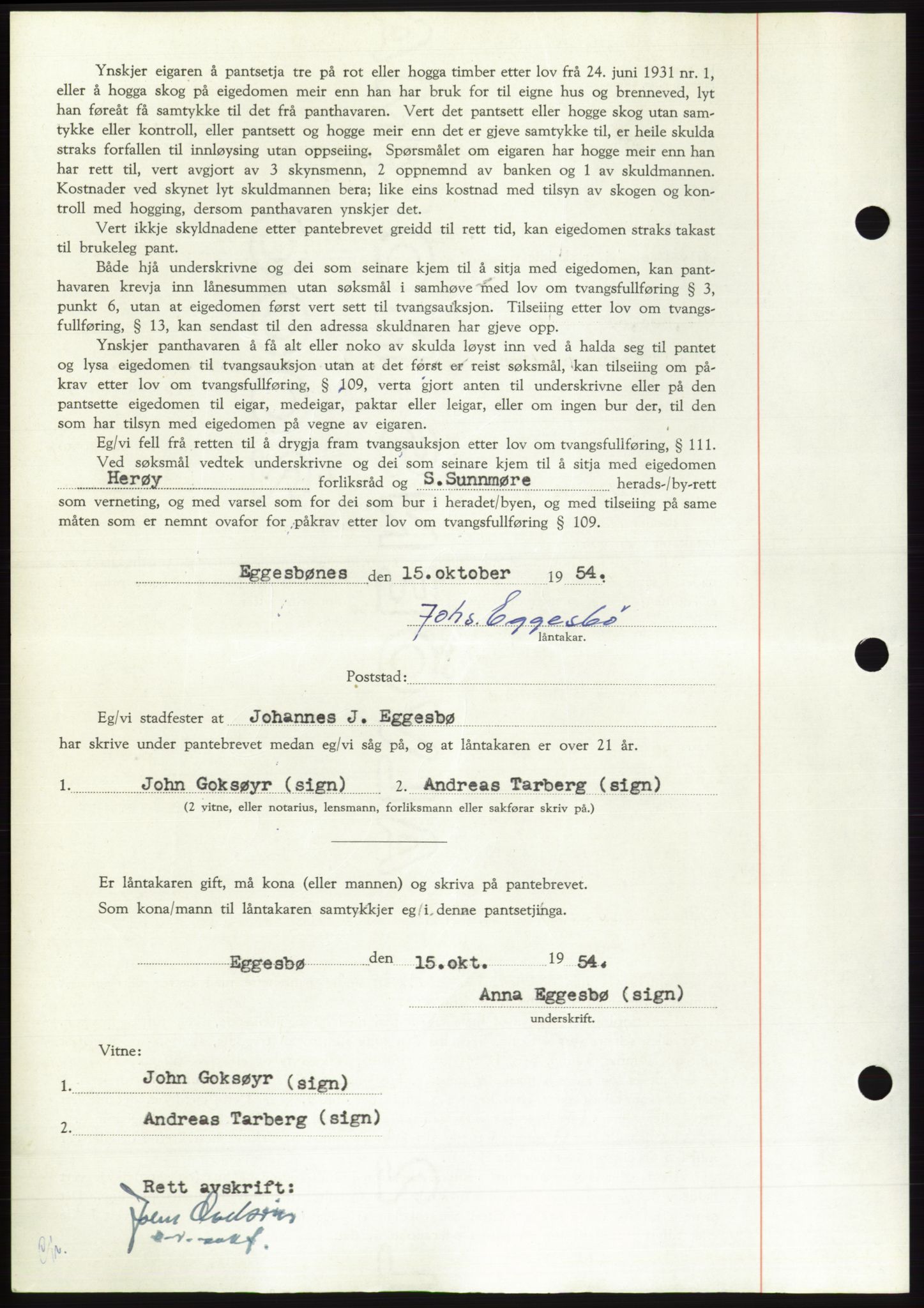 Søre Sunnmøre sorenskriveri, AV/SAT-A-4122/1/2/2C/L0126: Pantebok nr. 14B, 1954-1955, Dagboknr: 2793/1954