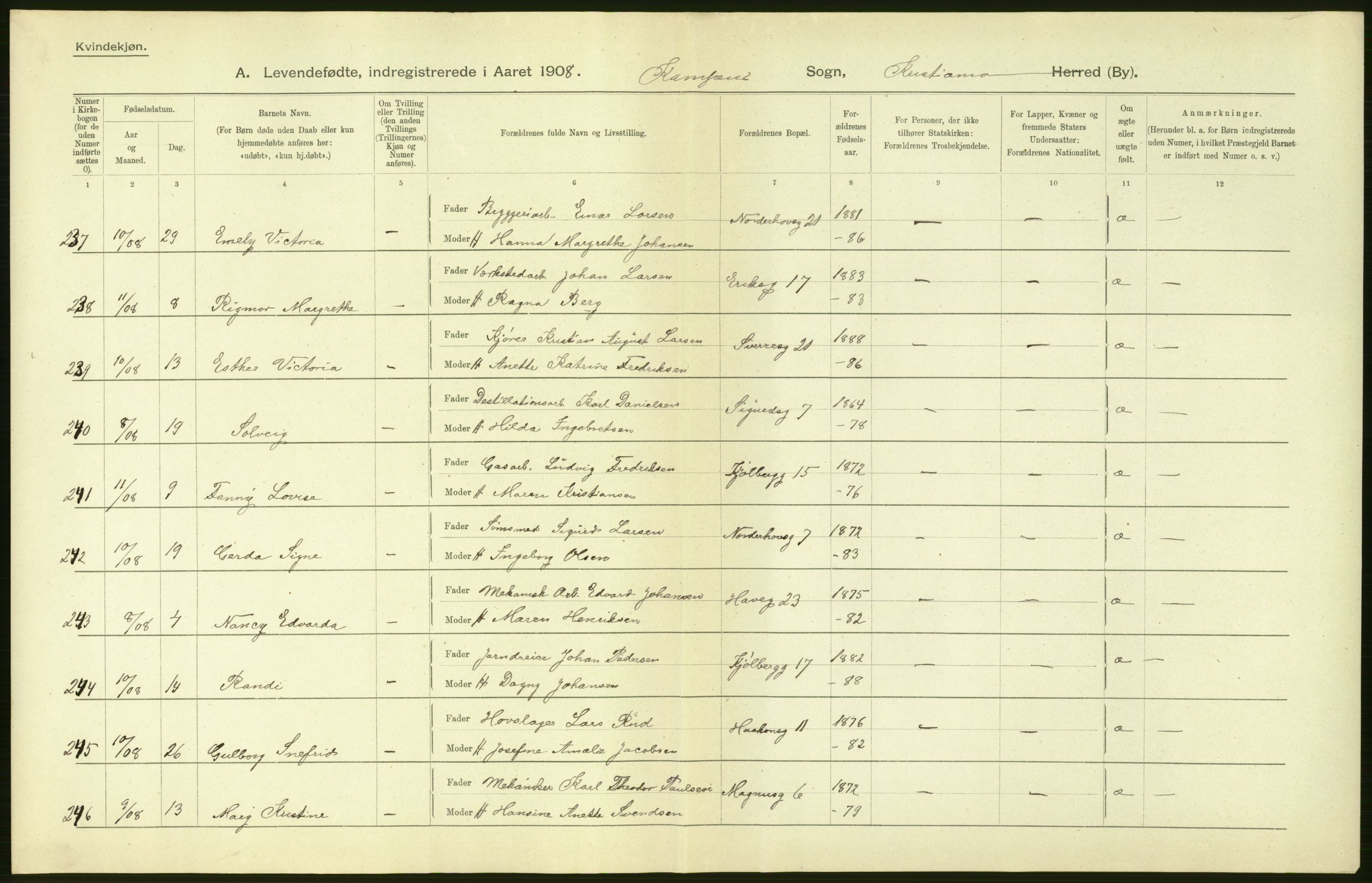 Statistisk sentralbyrå, Sosiodemografiske emner, Befolkning, AV/RA-S-2228/D/Df/Dfa/Dfaf/L0006: Kristiania: Levendefødte menn og kvinner., 1908, s. 14