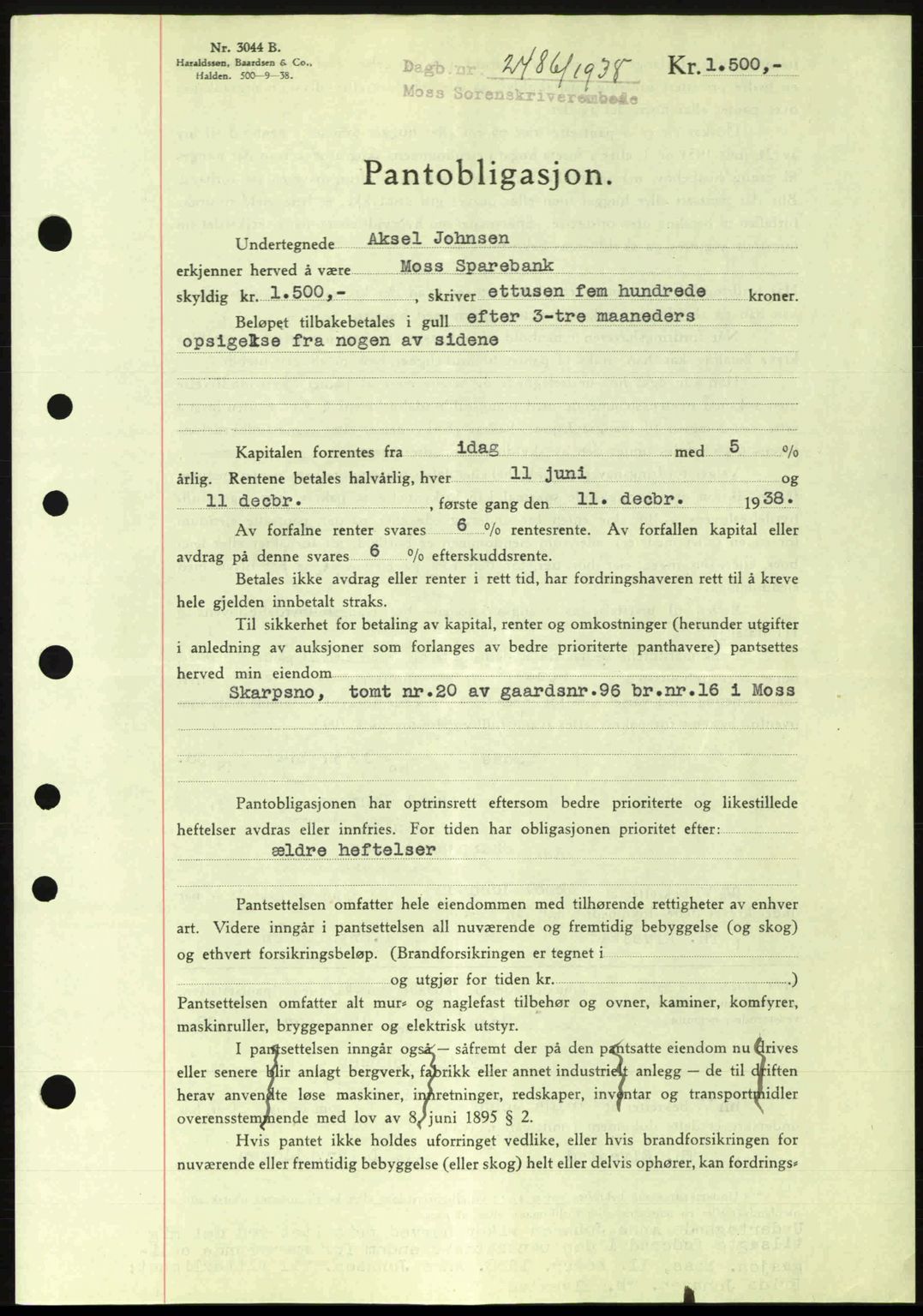 Moss sorenskriveri, SAO/A-10168: Pantebok nr. B6, 1938-1938, Dagboknr: 2486/1938