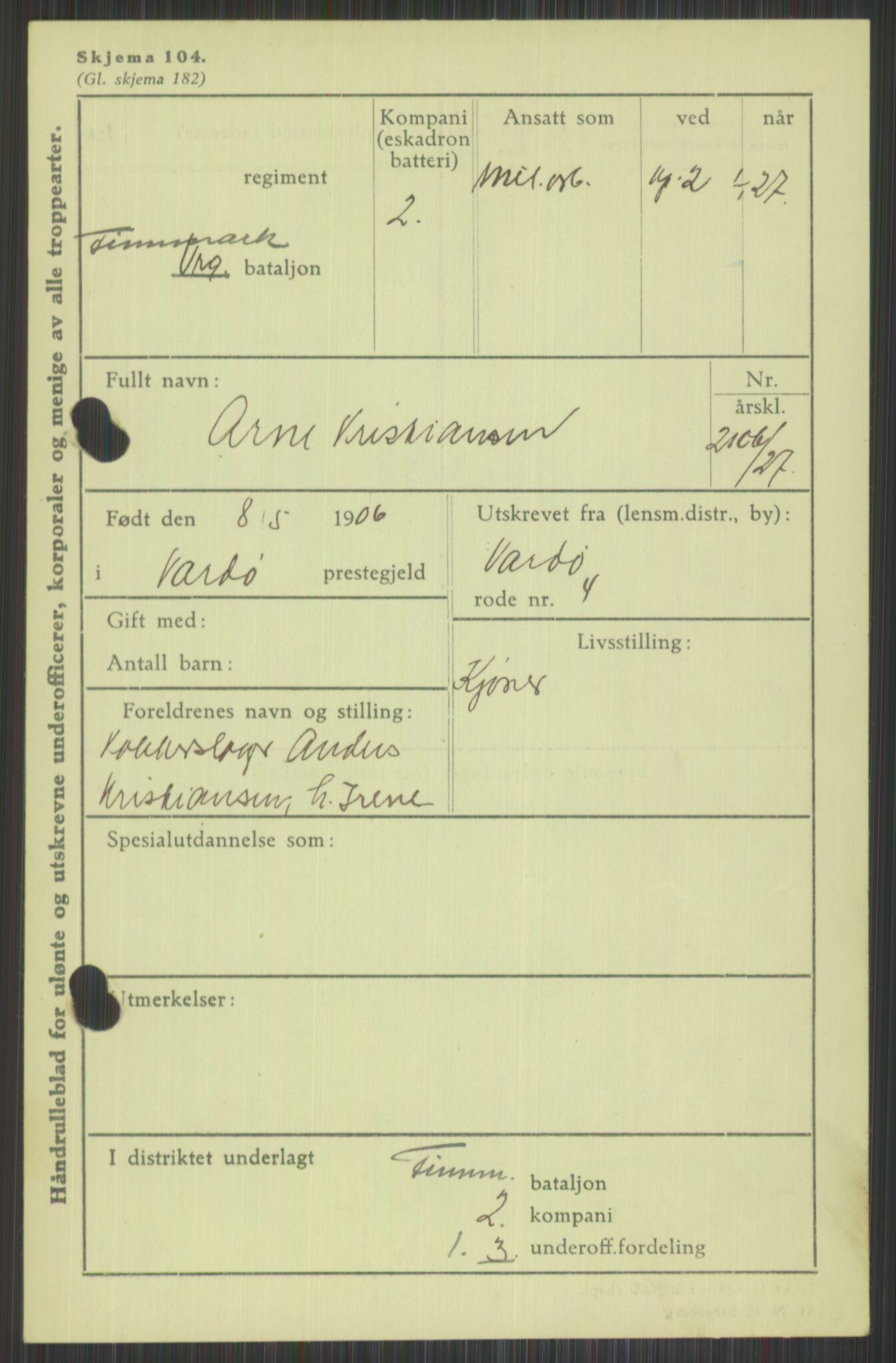 Forsvaret, Varanger bataljon, AV/RA-RAFA-2258/1/D/L0440: Rulleblad for fødte 1892-1912, 1892-1912, s. 855