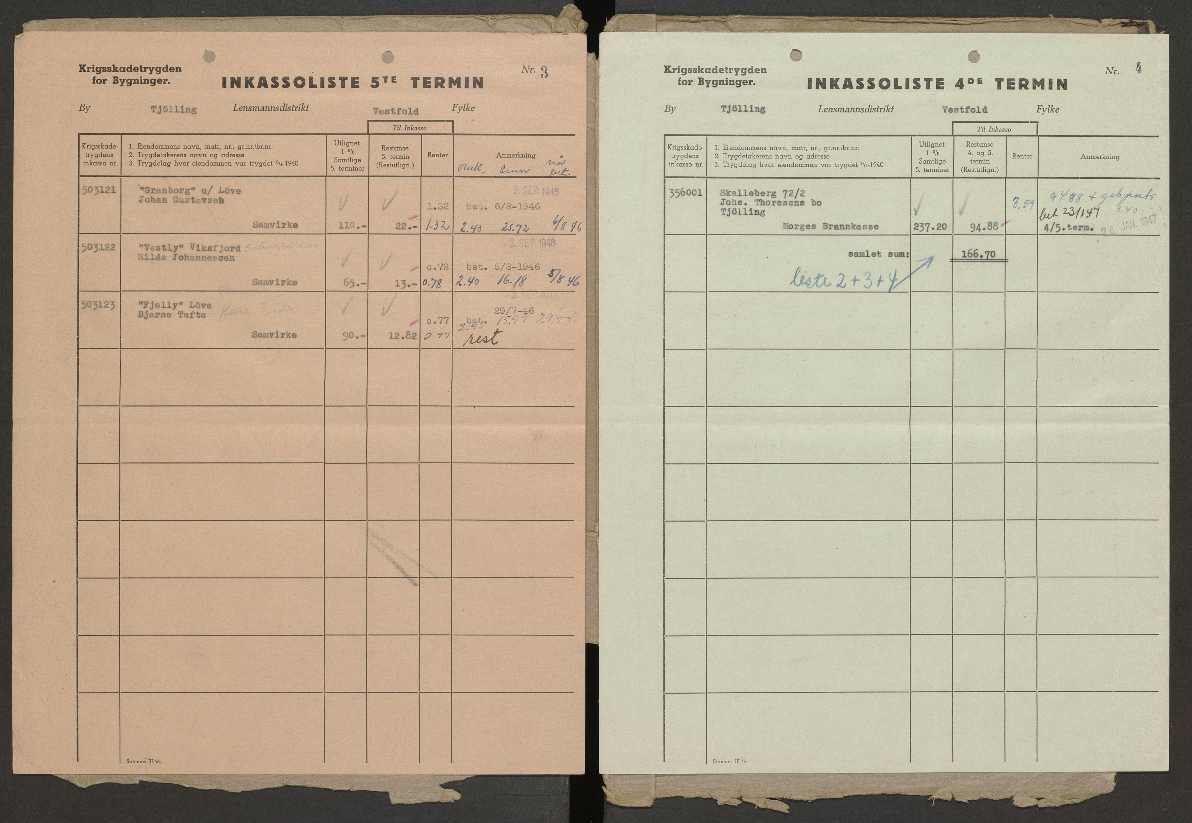 Tjølling lensmannskontor, AV/SAKO-A-16/Y/Yb/Ybb/L0009/0002: Branntakstprotokoll / Krigstrygdutligning for bygninger, 1940-1947