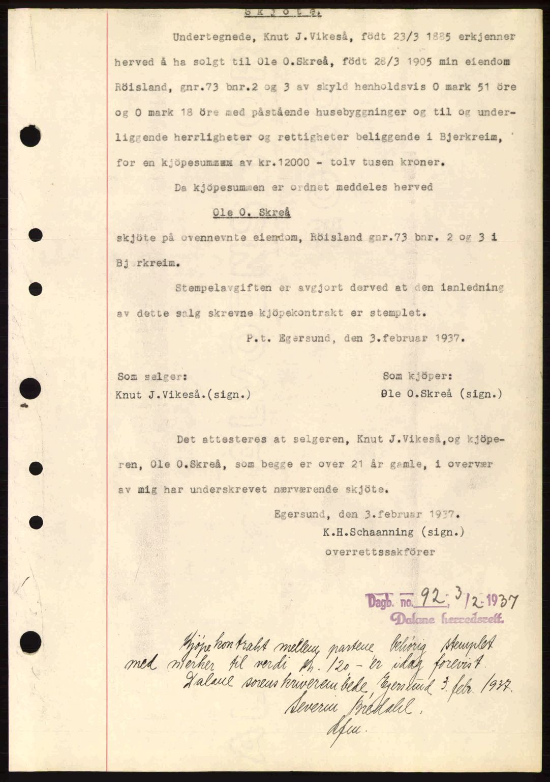 Dalane sorenskriveri, SAST/A-100309/02/G/Gb/L0041: Pantebok nr. A2, 1936-1937, Dagboknr: 92/1937