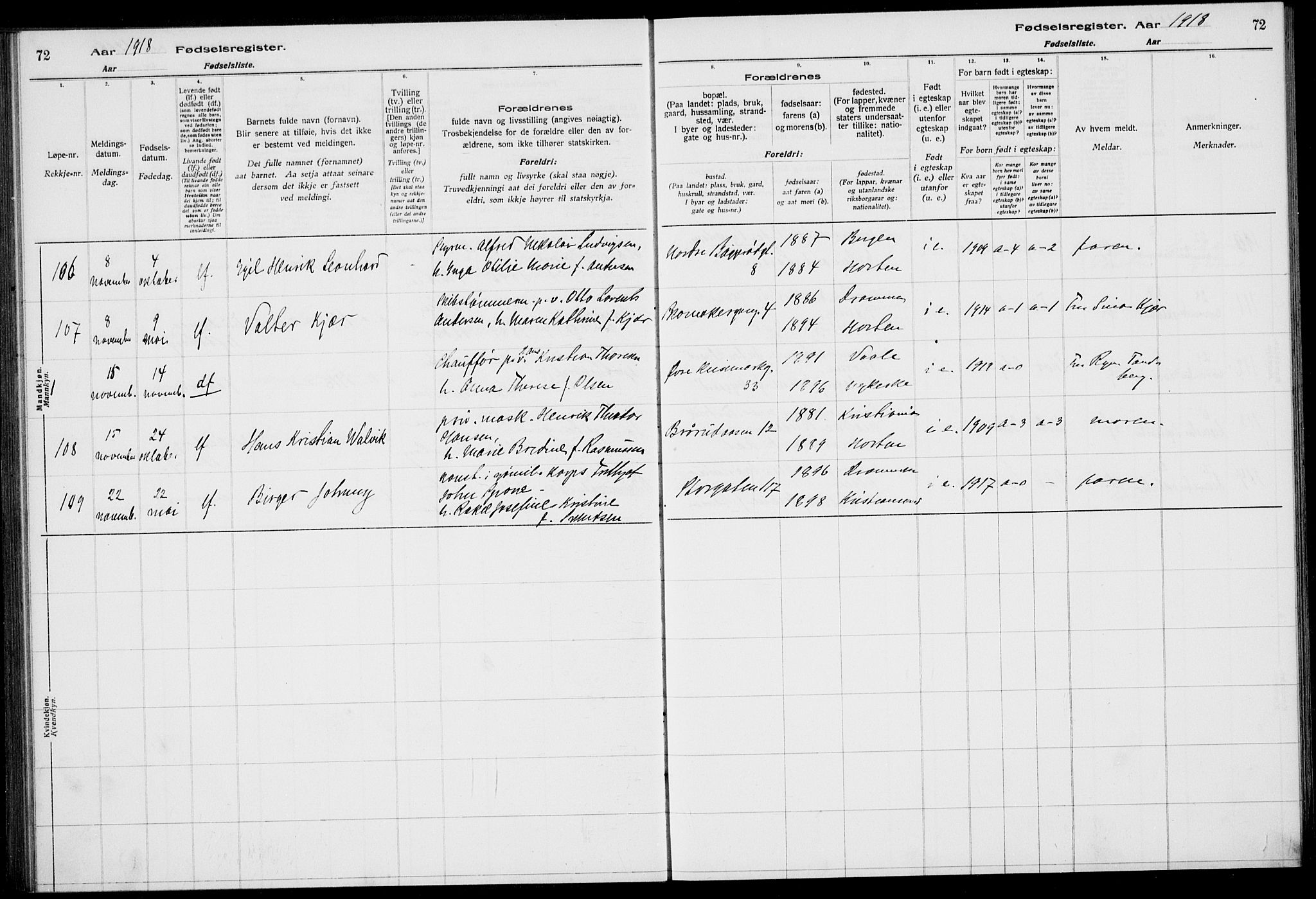 Horten kirkebøker, AV/SAKO-A-348/J/Ja/L0001: Fødselsregister nr. 1, 1916-1923, s. 72
