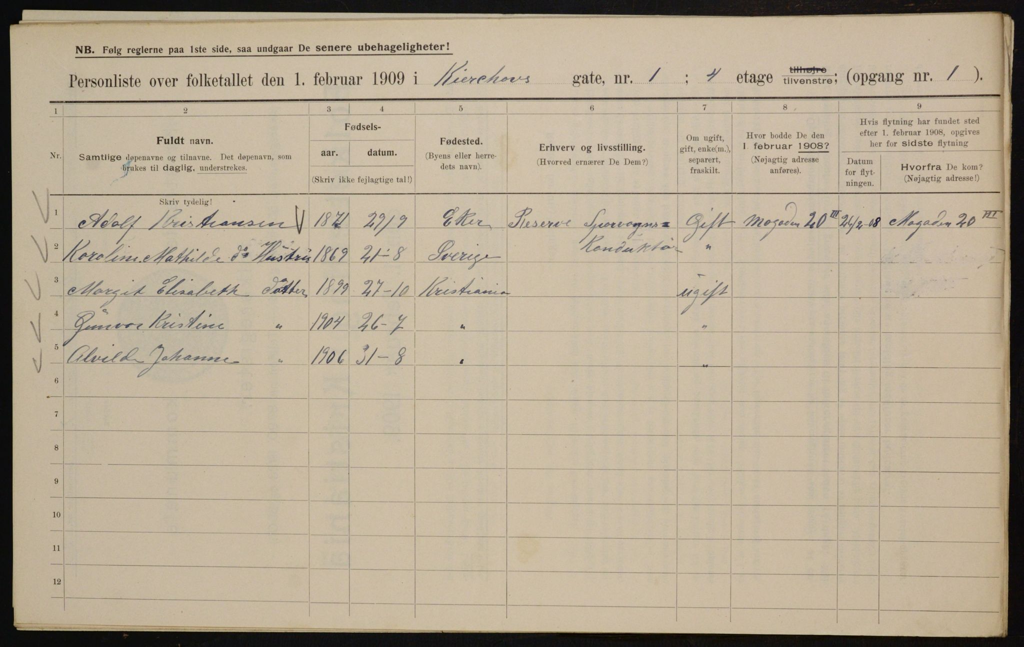 OBA, Kommunal folketelling 1.2.1909 for Kristiania kjøpstad, 1909, s. 45056