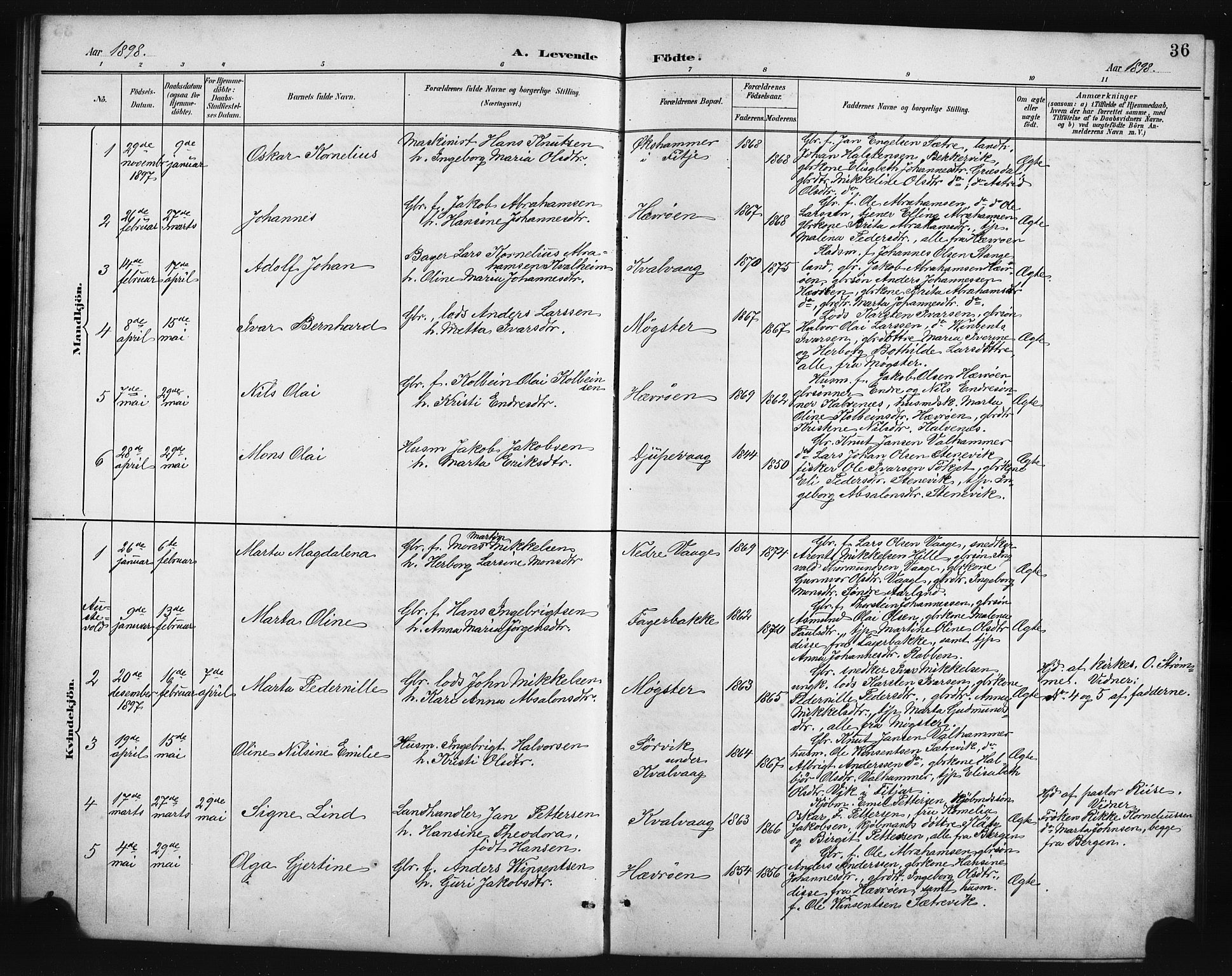 Austevoll sokneprestembete, AV/SAB-A-74201/H/Ha/Hab/Habb/L0004: Klokkerbok nr. B 4, 1889-1901, s. 36