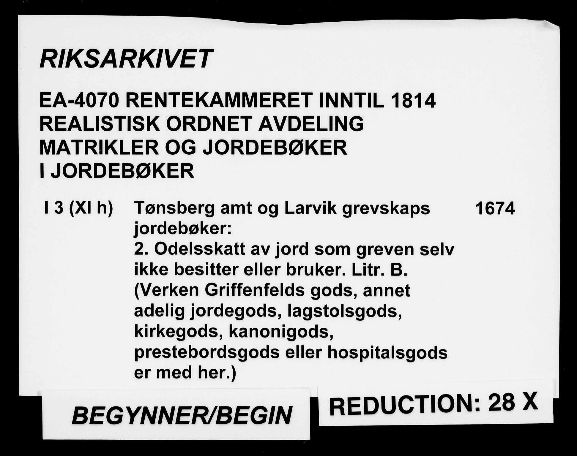Rentekammeret inntil 1814, Realistisk ordnet avdeling, RA/EA-4070/N/Na/L0003/0002: [XI h]: Tønsbergs amt og Larvik grevskaps jordebøker: / (B) Odelsskatt av jord som greven selv ikke besitter eller bruker., 1674