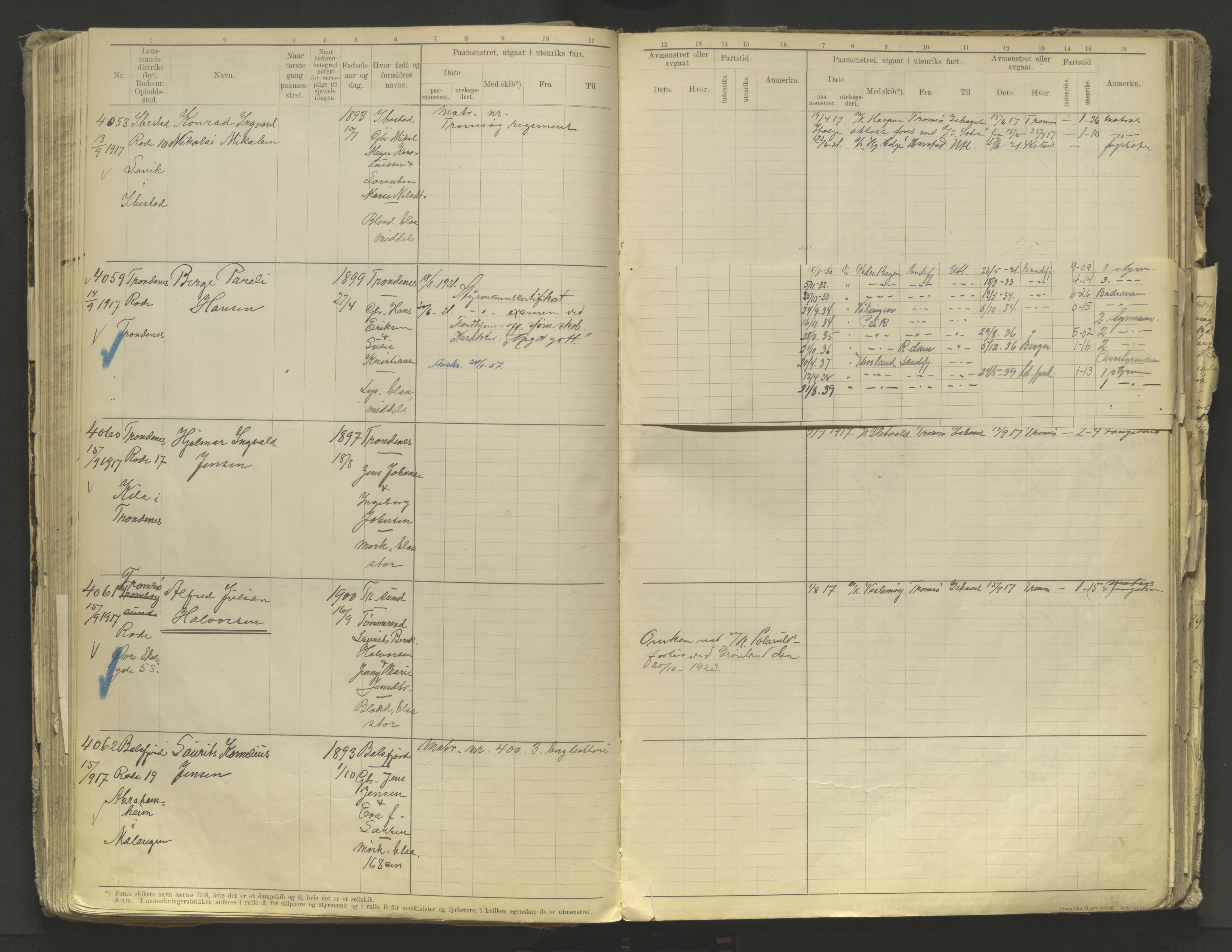 Tromsø sjømannskontor/innrullerings-/mønstringsdistrikt, AV/SATØ-S-0243/F/Fb/L0010: Annotasjonsrulle. Defekt: løs innbinding. Nr. 3519-4972, 1916-1920