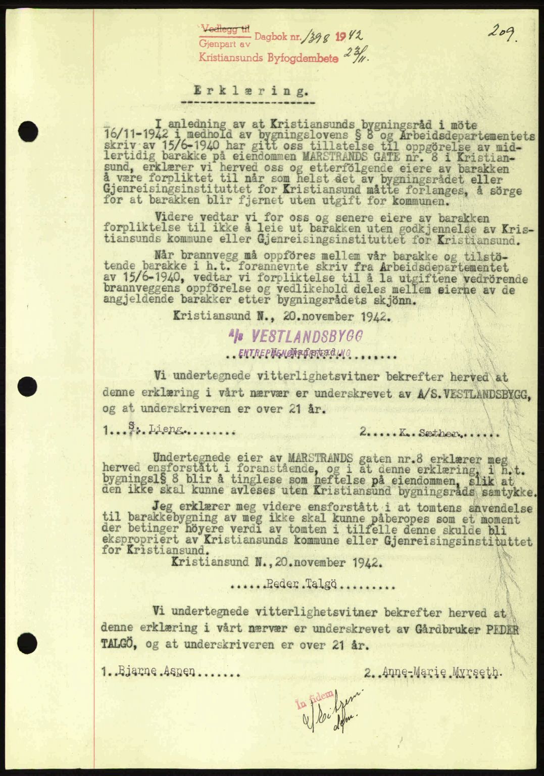 Kristiansund byfogd, AV/SAT-A-4587/A/27: Pantebok nr. 36, 1942-1943, Dagboknr: 1398/1942