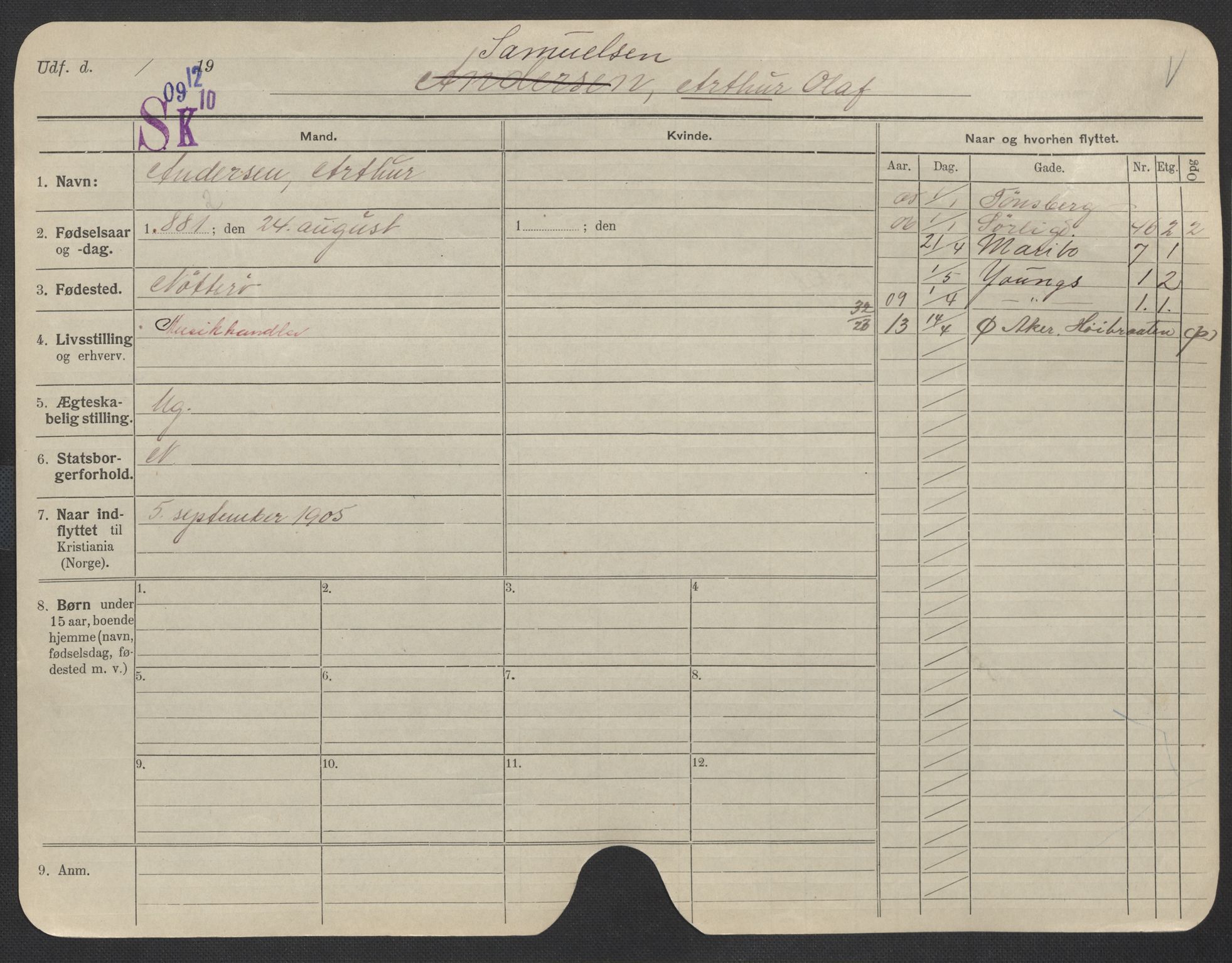 Oslo folkeregister, Registerkort, AV/SAO-A-11715/F/Fa/Fac/L0010: Menn, 1906-1914, s. 26a