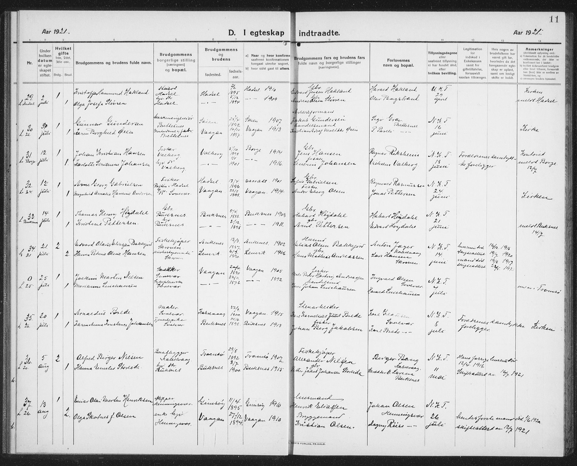 Ministerialprotokoller, klokkerbøker og fødselsregistre - Nordland, AV/SAT-A-1459/874/L1082: Klokkerbok nr. 874C11, 1920-1939, s. 11