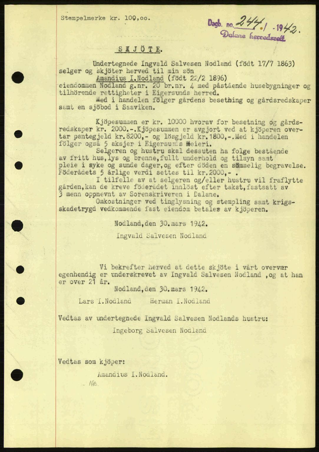 Dalane sorenskriveri, SAST/A-100309/02/G/Gb/L0045: Pantebok nr. A6, 1941-1942, Dagboknr: 244/1942