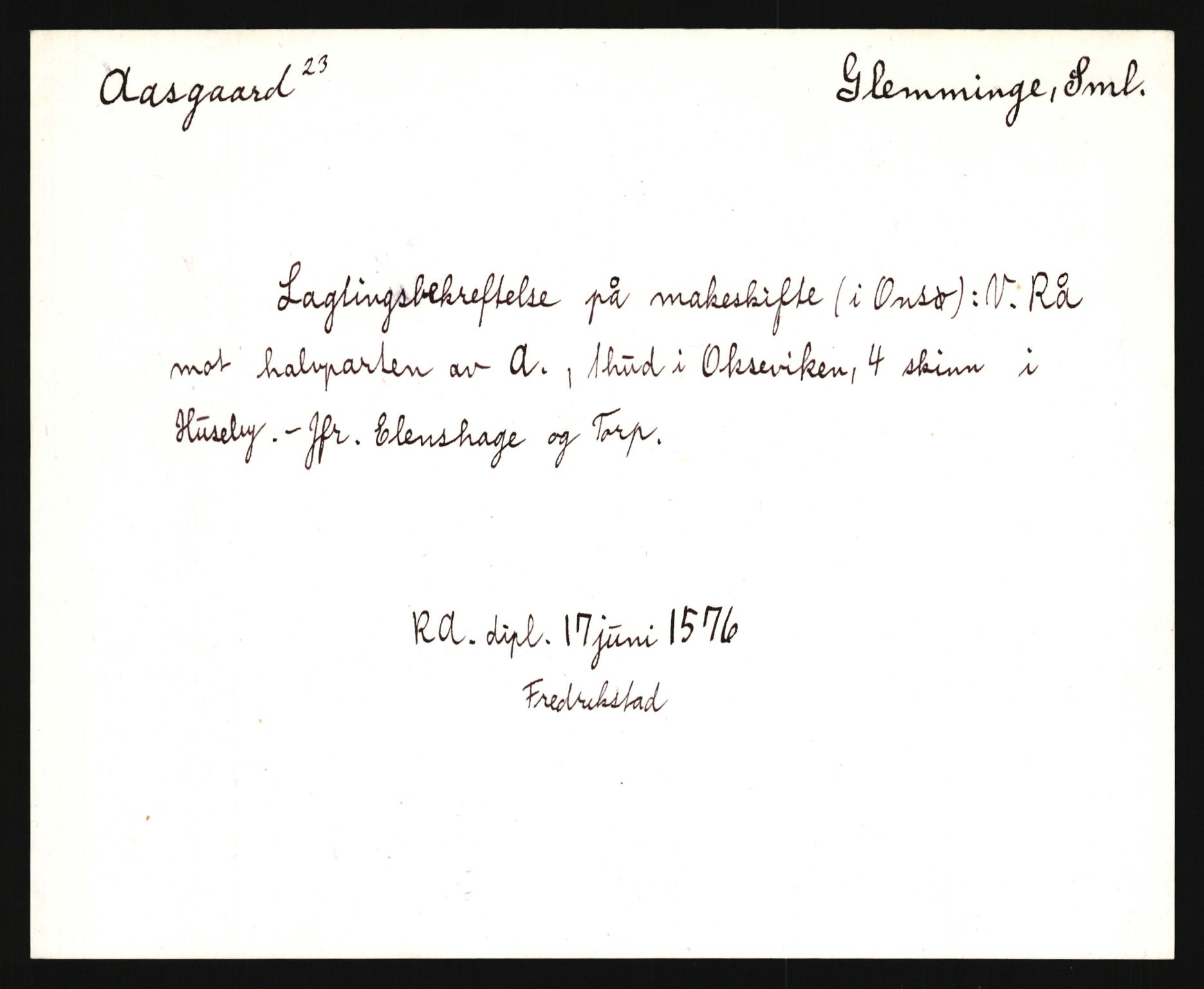 Riksarkivets diplomsamling, AV/RA-EA-5965/F35/F35e/L0003: Registreringssedler Østfold 3, 1300-1900, s. 315