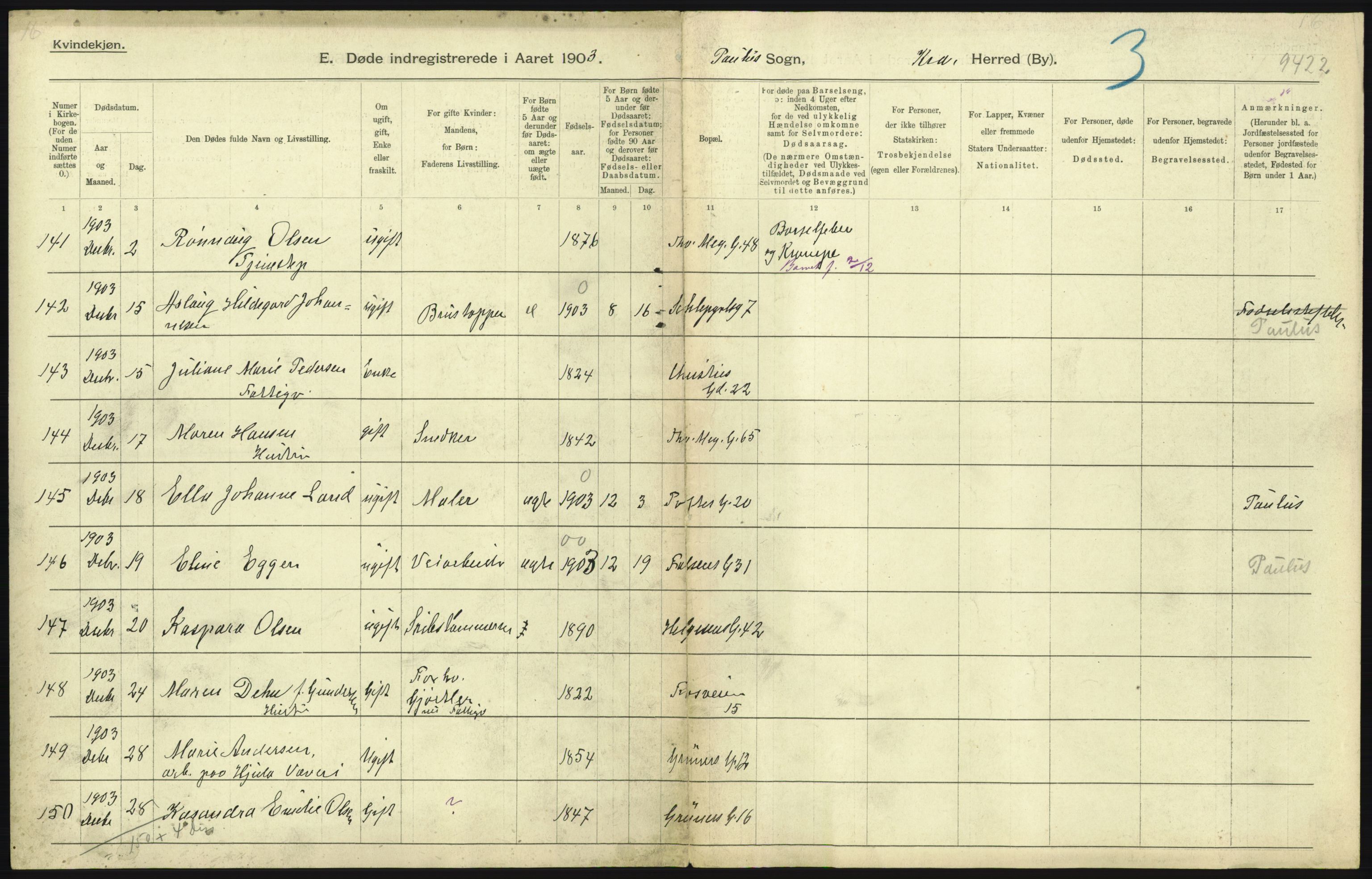 Statistisk sentralbyrå, Sosiodemografiske emner, Befolkning, RA/S-2228/D/Df/Dfa/Dfaa/L0004: Kristiania: Gifte, døde, 1903, s. 297