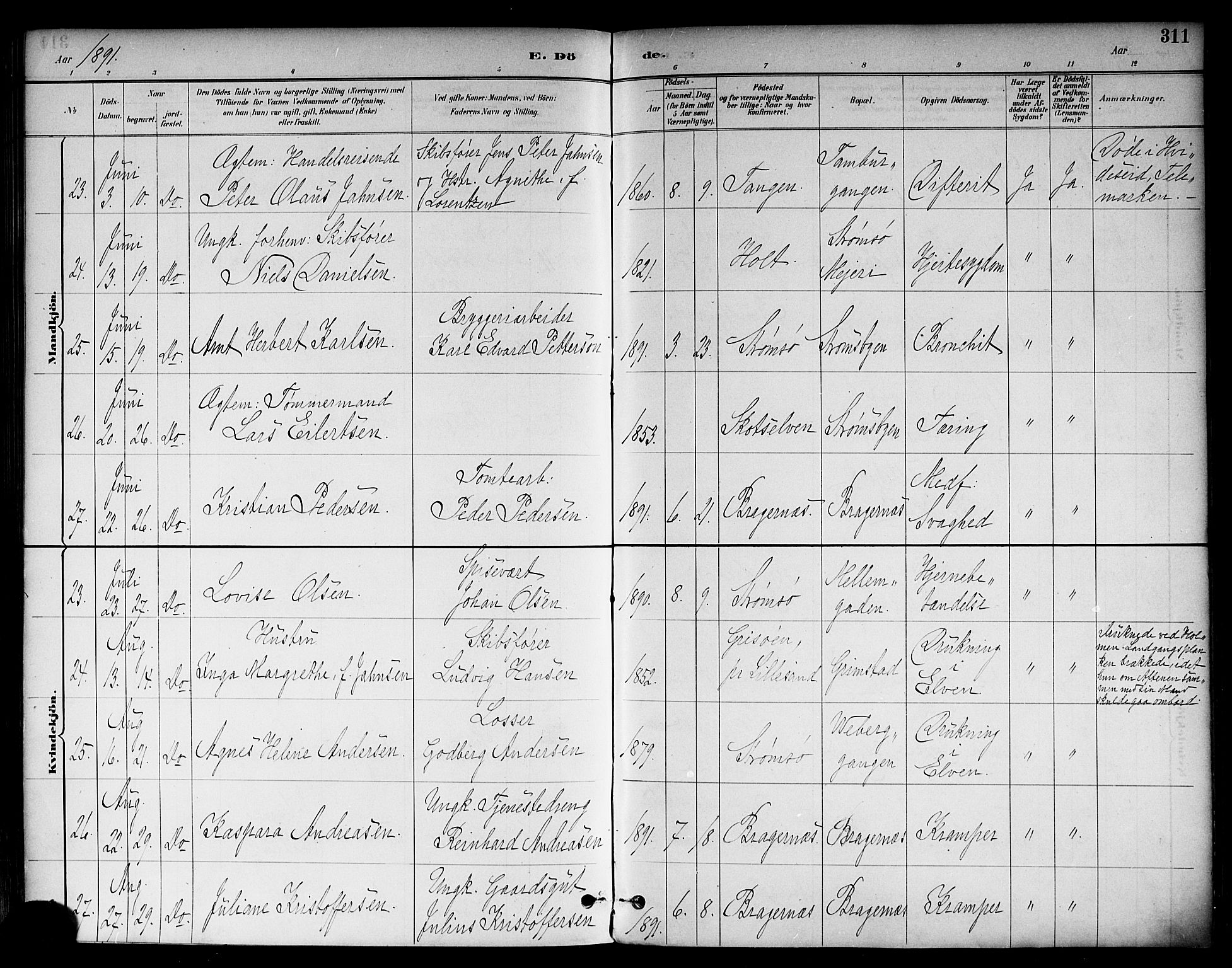 Strømsø kirkebøker, AV/SAKO-A-246/F/Fa/L0023: Ministerialbok nr. I 23, 1885-1894, s. 311