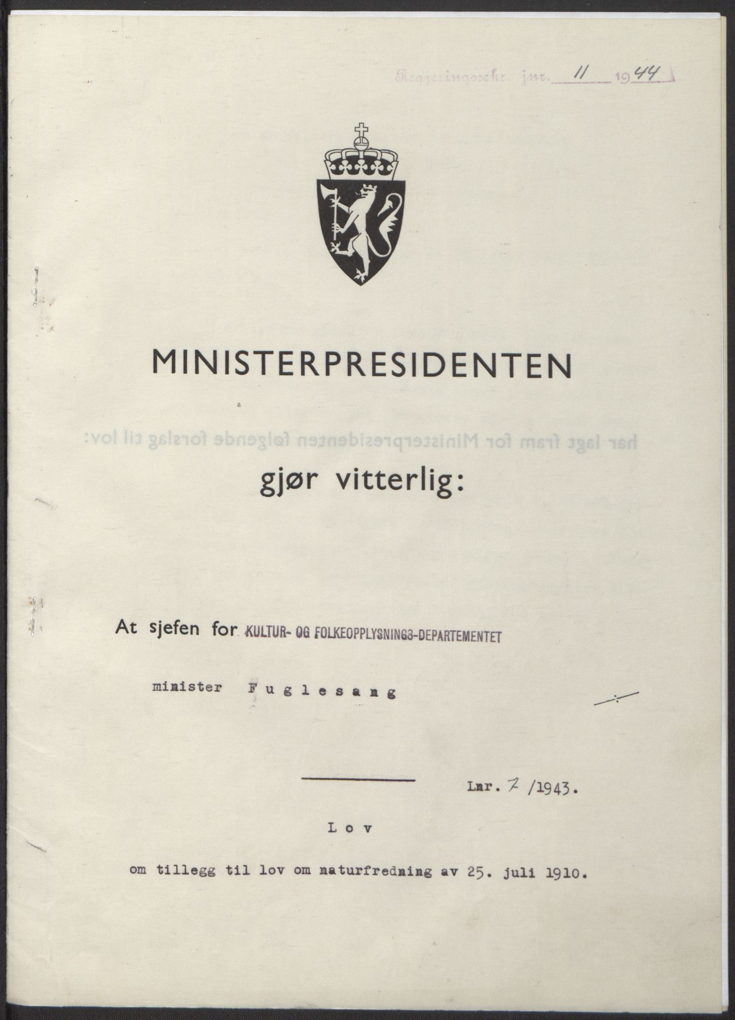 NS-administrasjonen 1940-1945 (Statsrådsekretariatet, de kommisariske statsråder mm), AV/RA-S-4279/D/Db/L0100: Lover, 1944, s. 30