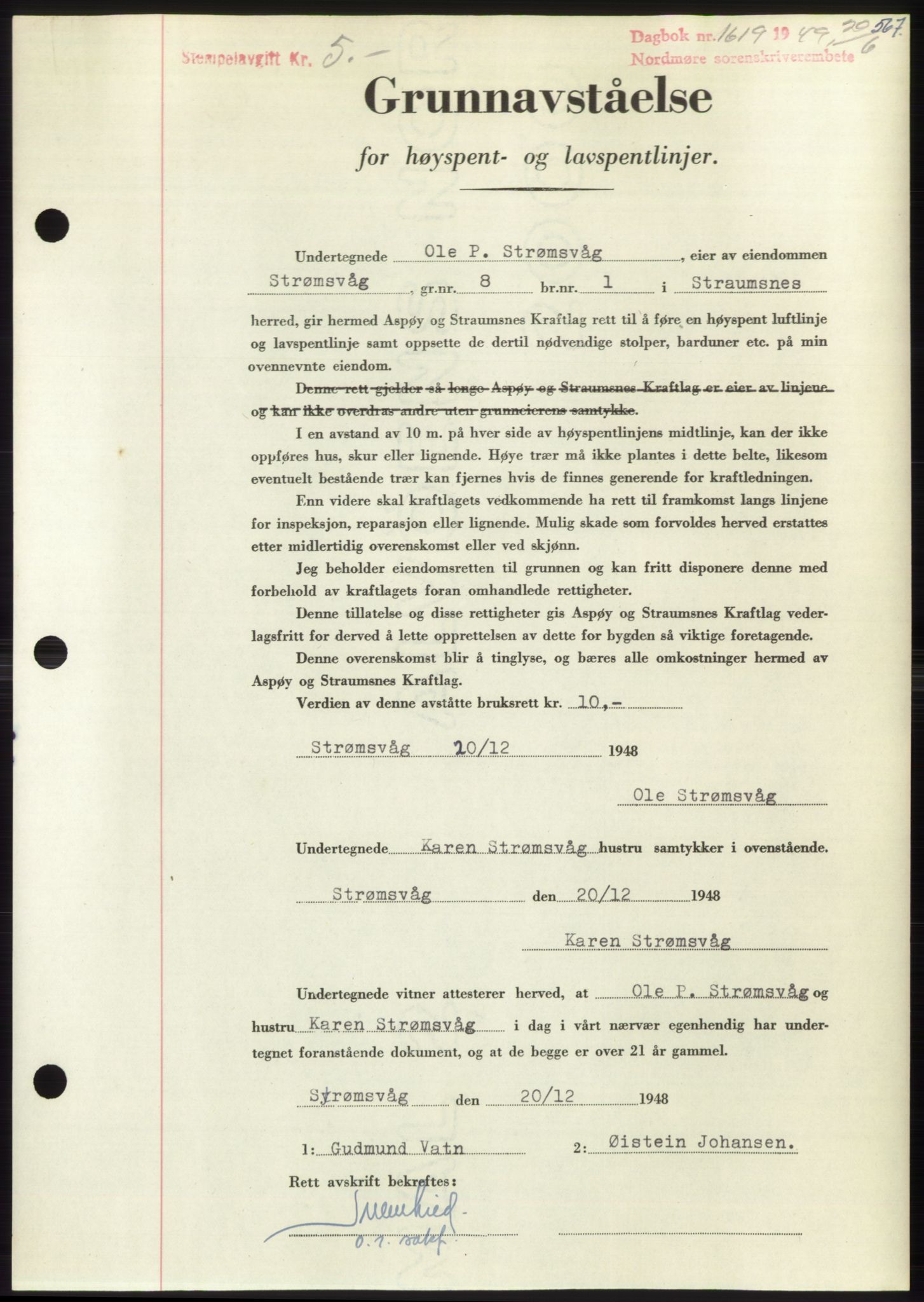 Nordmøre sorenskriveri, SAT/A-4132/1/2/2Ca: Pantebok nr. B101, 1949-1949, Dagboknr: 1619/1949