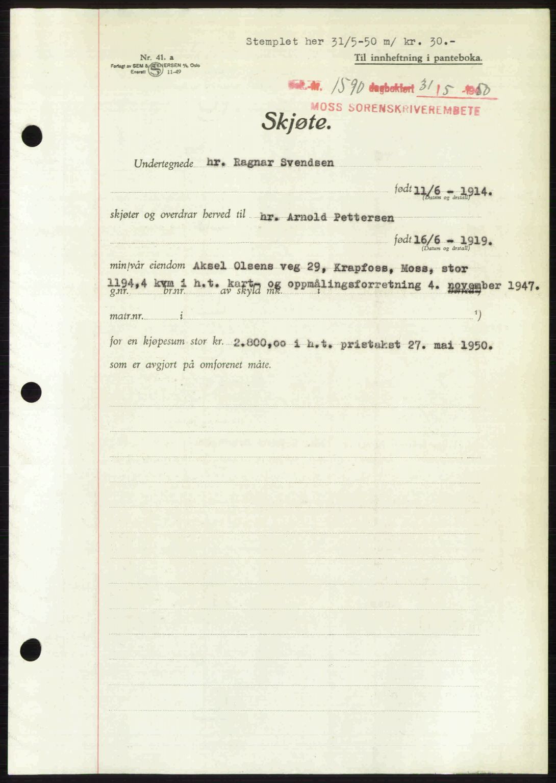 Moss sorenskriveri, SAO/A-10168: Pantebok nr. A26, 1950-1950, Dagboknr: 1590/1950