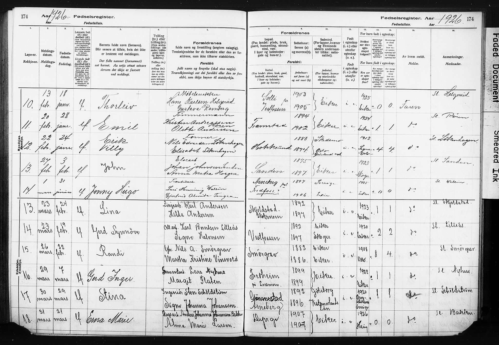 Eiker kirkebøker, AV/SAKO-A-4/J/Ja/L0001: Fødselsregister nr. I 1, 1916-1927, s. 174