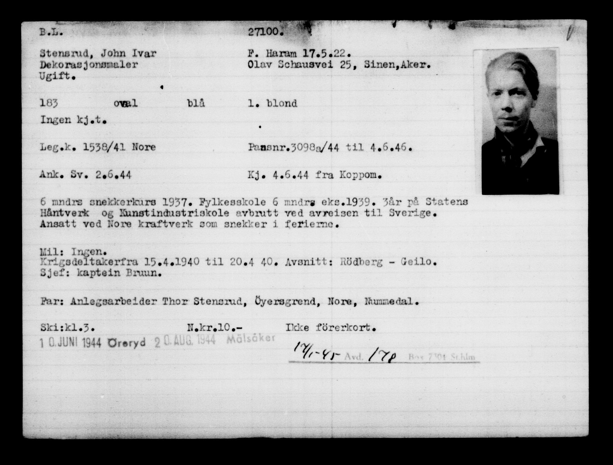 Utenriksstasjonene, Legasjonen i Stockholm, Flyktningkontoret, AV/RA-S-6753/V/Va/L0011: Kjesäterkartoteket, flyktninger med registreringsnr. 25300-28349, 1940-1945, s. 1899