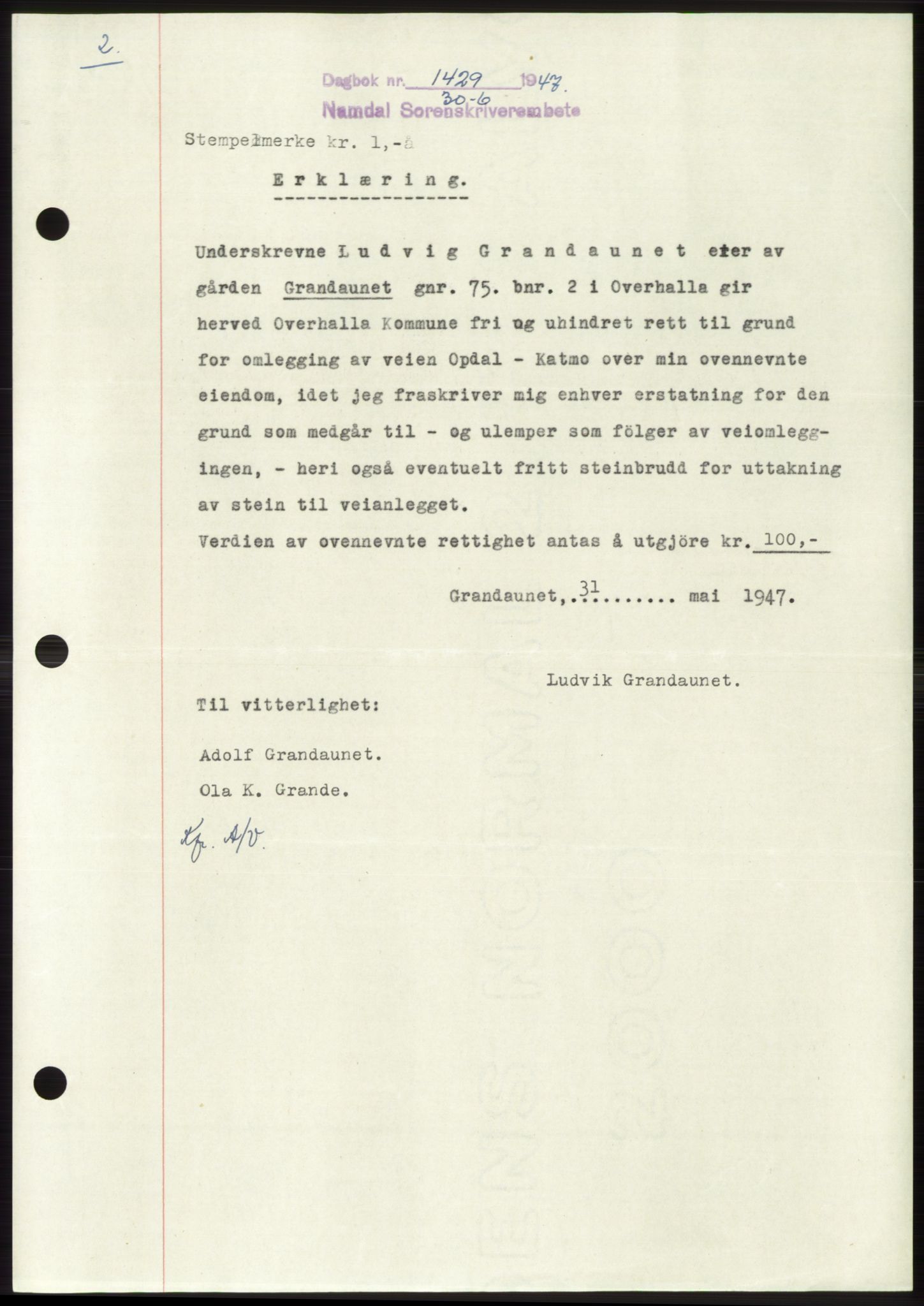 Namdal sorenskriveri, SAT/A-4133/1/2/2C: Pantebok nr. -, 1947-1947, Dagboknr: 1429/1947