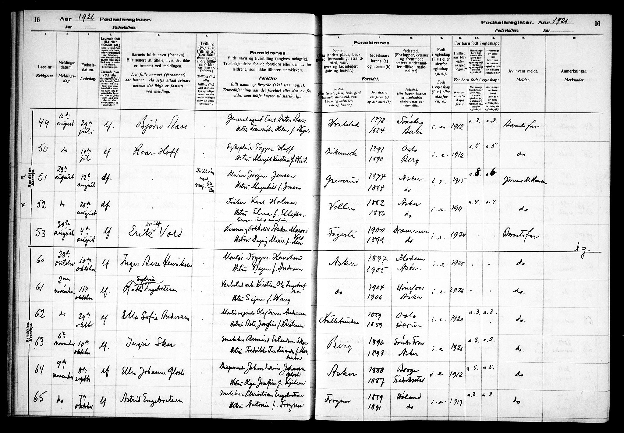 Asker prestekontor Kirkebøker, AV/SAO-A-10256a/J/L0002: Fødselsregister nr. 2, 1925-1938, s. 16