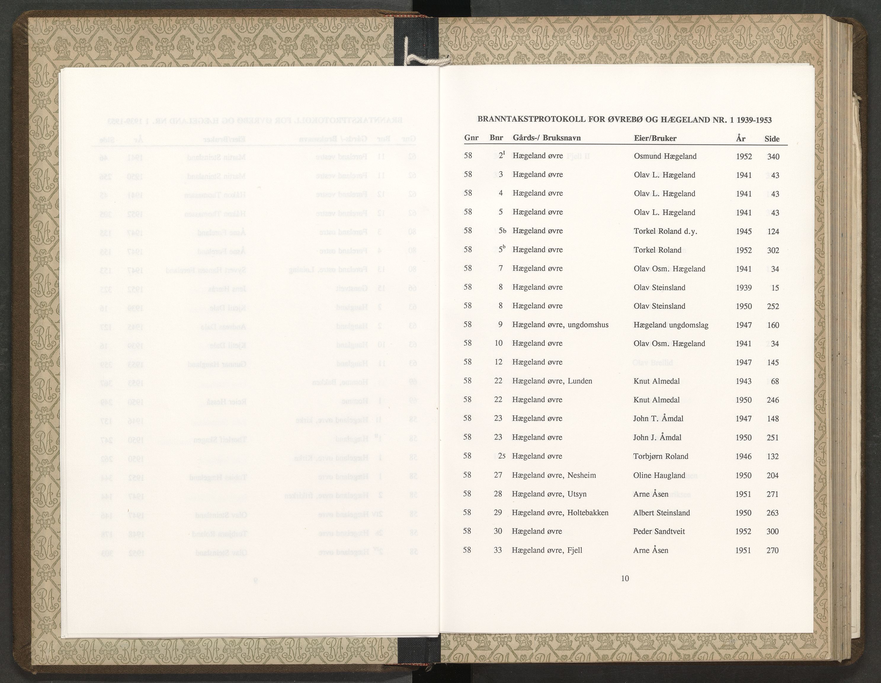 Norges Brannkasse Øvrebø og Hægeland, AV/SAK-2241-0058/F/Fa/L0001: Branntakstprotokoll nr. 1 med gårdsnavnregister, 1939-1953