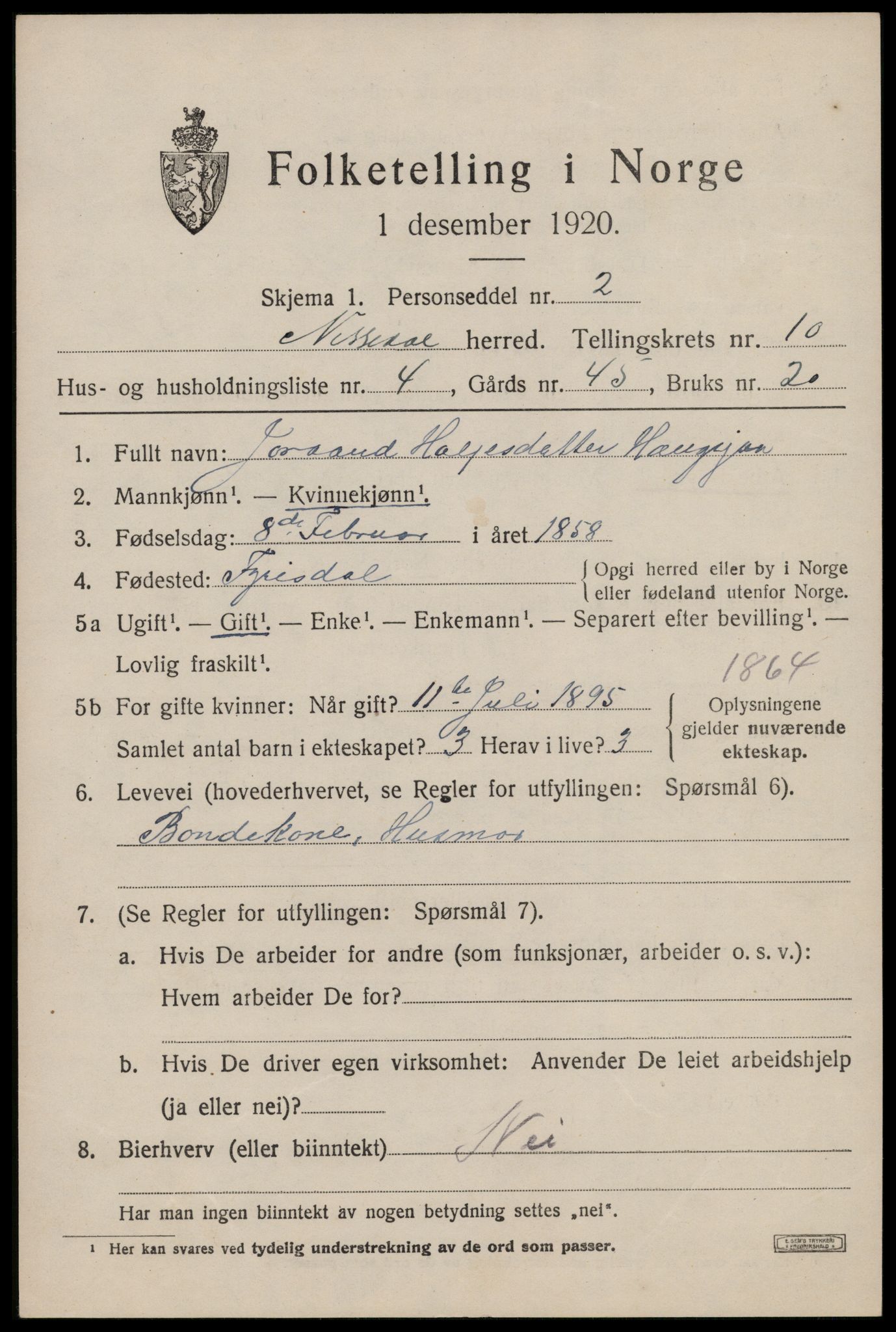 SAKO, Folketelling 1920 for 0830 Nissedal herred, 1920, s. 3909