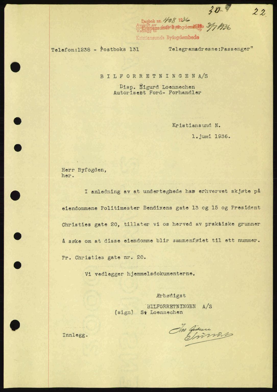 Kristiansund byfogd, SAT/A-4587/A/27: Pantebok nr. 30, 1936-1941, Dagboknr: 408/1936