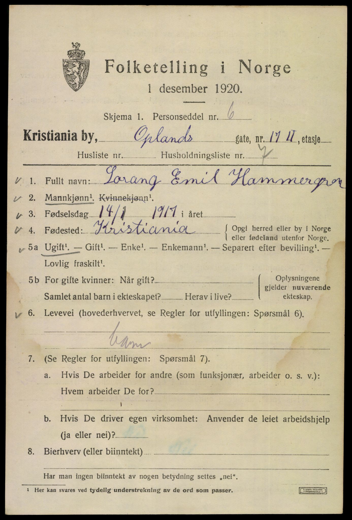 SAO, Folketelling 1920 for 0301 Kristiania kjøpstad, 1920, s. 434825