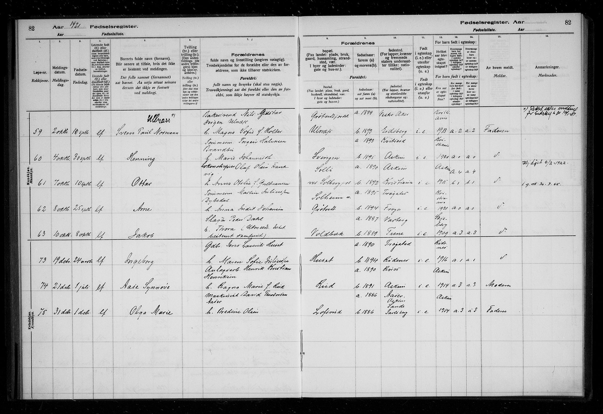 Askim prestekontor Kirkebøker, AV/SAO-A-10900/J/Ja/L0001: Fødselsregister nr. 1, 1916-1929, s. 82