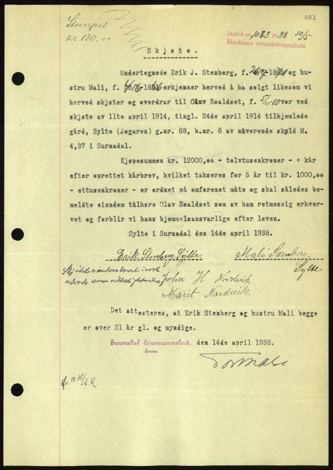 Nordmøre sorenskriveri, SAT/A-4132/1/2/2Ca: Pantebok nr. A83, 1938-1938, Dagboknr: 1083/1938