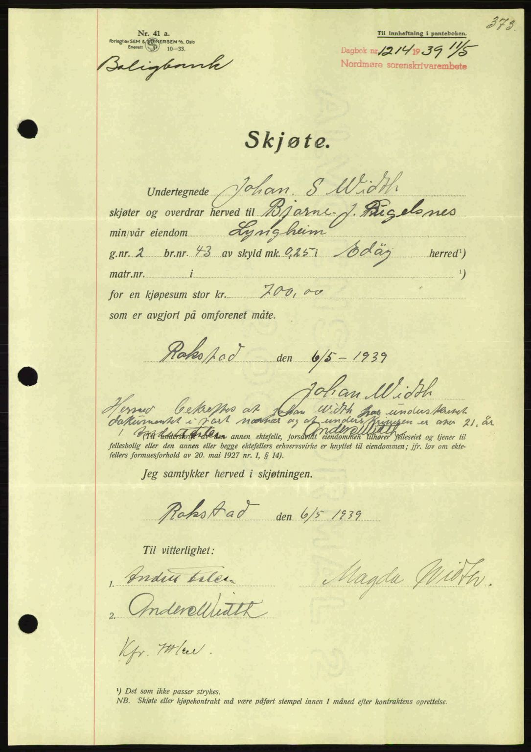 Nordmøre sorenskriveri, SAT/A-4132/1/2/2Ca: Pantebok nr. A86, 1939-1939, Dagboknr: 1214/1939