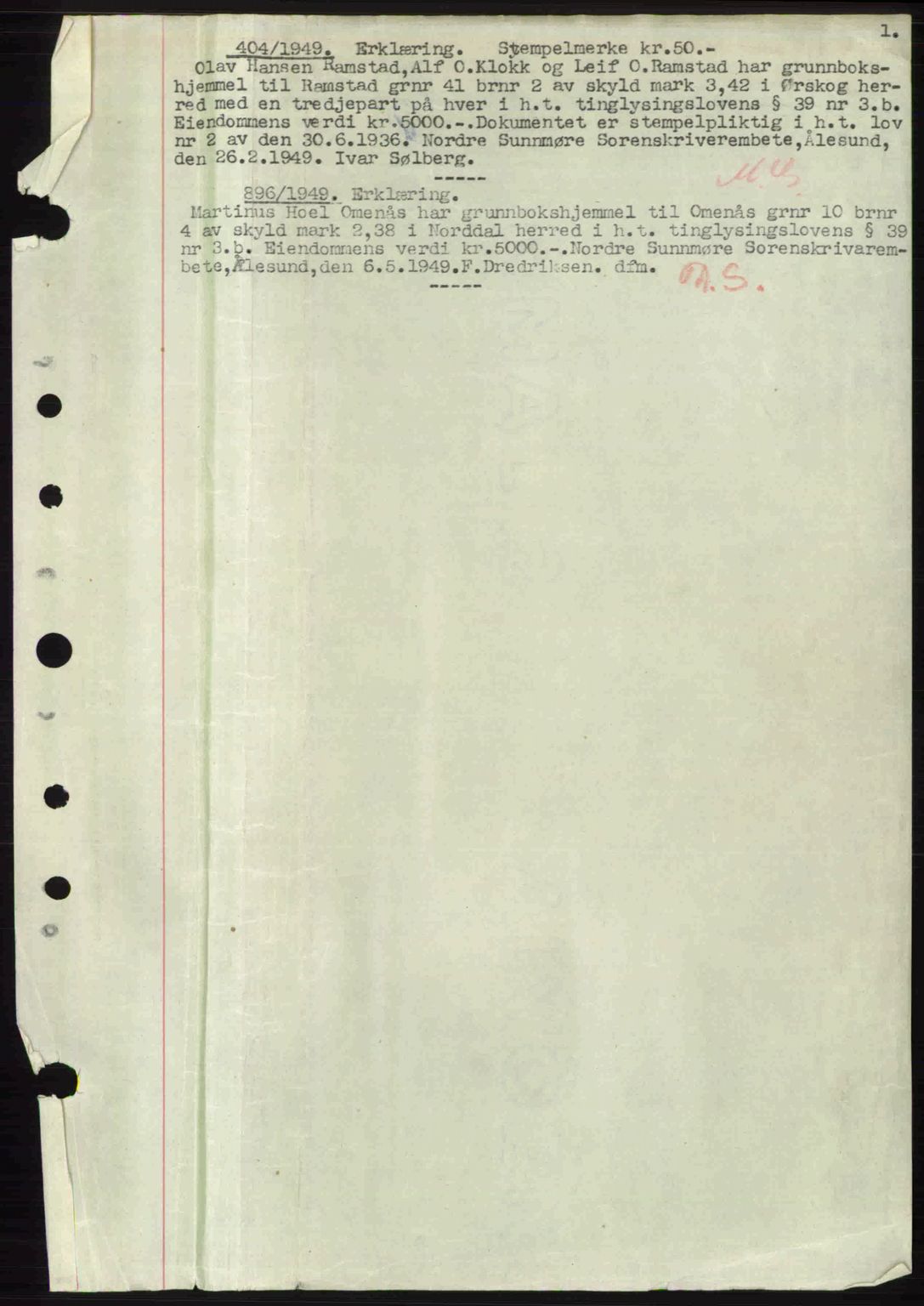 Nordre Sunnmøre sorenskriveri, SAT/A-0006/1/2/2C/2Ca: Pantebok nr. A30, 1949-1949, Dagboknr: 404/1949