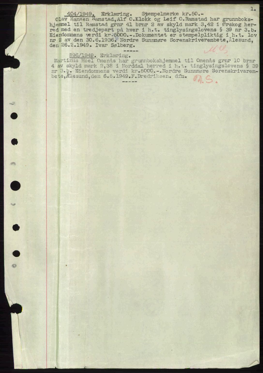Nordre Sunnmøre sorenskriveri, AV/SAT-A-0006/1/2/2C/2Ca: Pantebok nr. A30, 1949-1949, Dagboknr: 404/1949