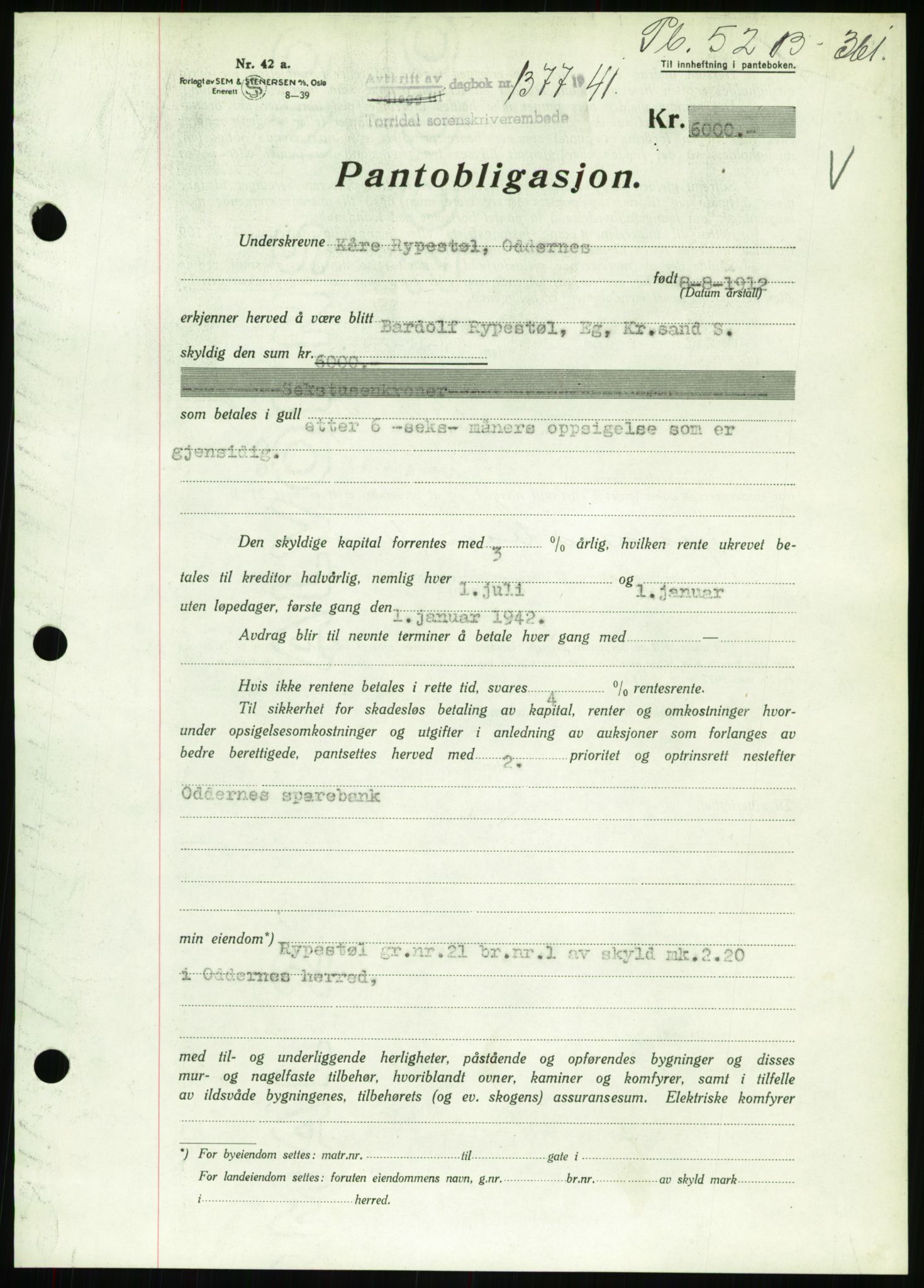 Torridal sorenskriveri, SAK/1221-0012/G/Gb/Gbb/L0008: Pantebok nr. 52b, 1940-1942, Dagboknr: 1377/1941