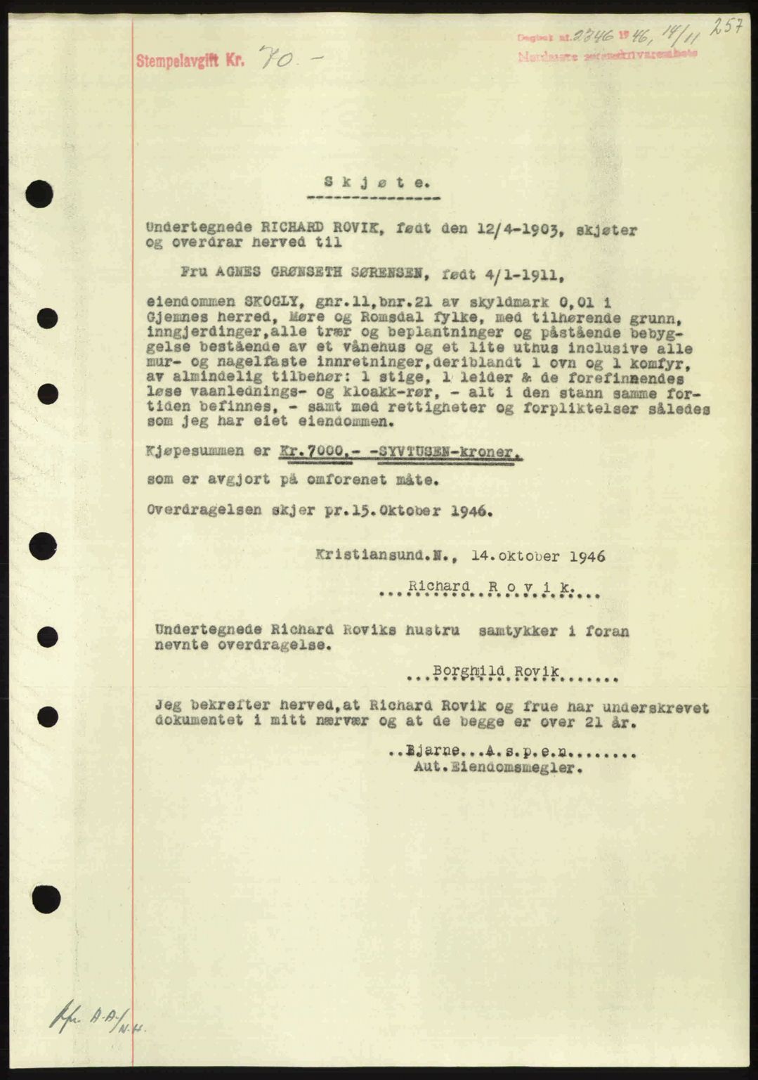 Nordmøre sorenskriveri, SAT/A-4132/1/2/2Ca: Pantebok nr. A103, 1946-1947, Dagboknr: 2346/1946