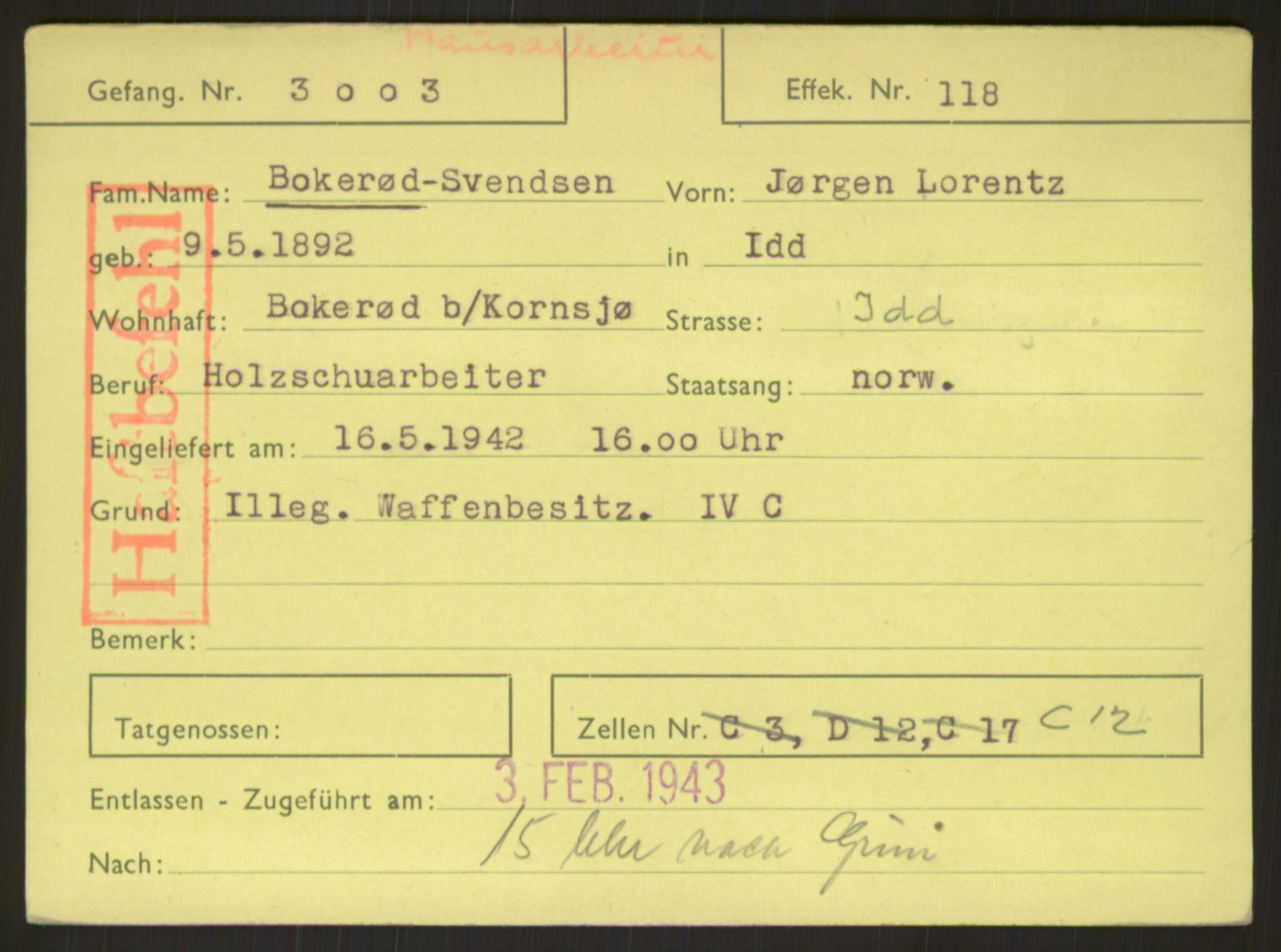 Befehlshaber der Sicherheitspolizei und des SD, AV/RA-RAFA-5969/E/Ea/Eab/L0003: Register over norske fanger i Møllergata 19 ordnet etter fangenummer: 3000-3919, 1940-1945