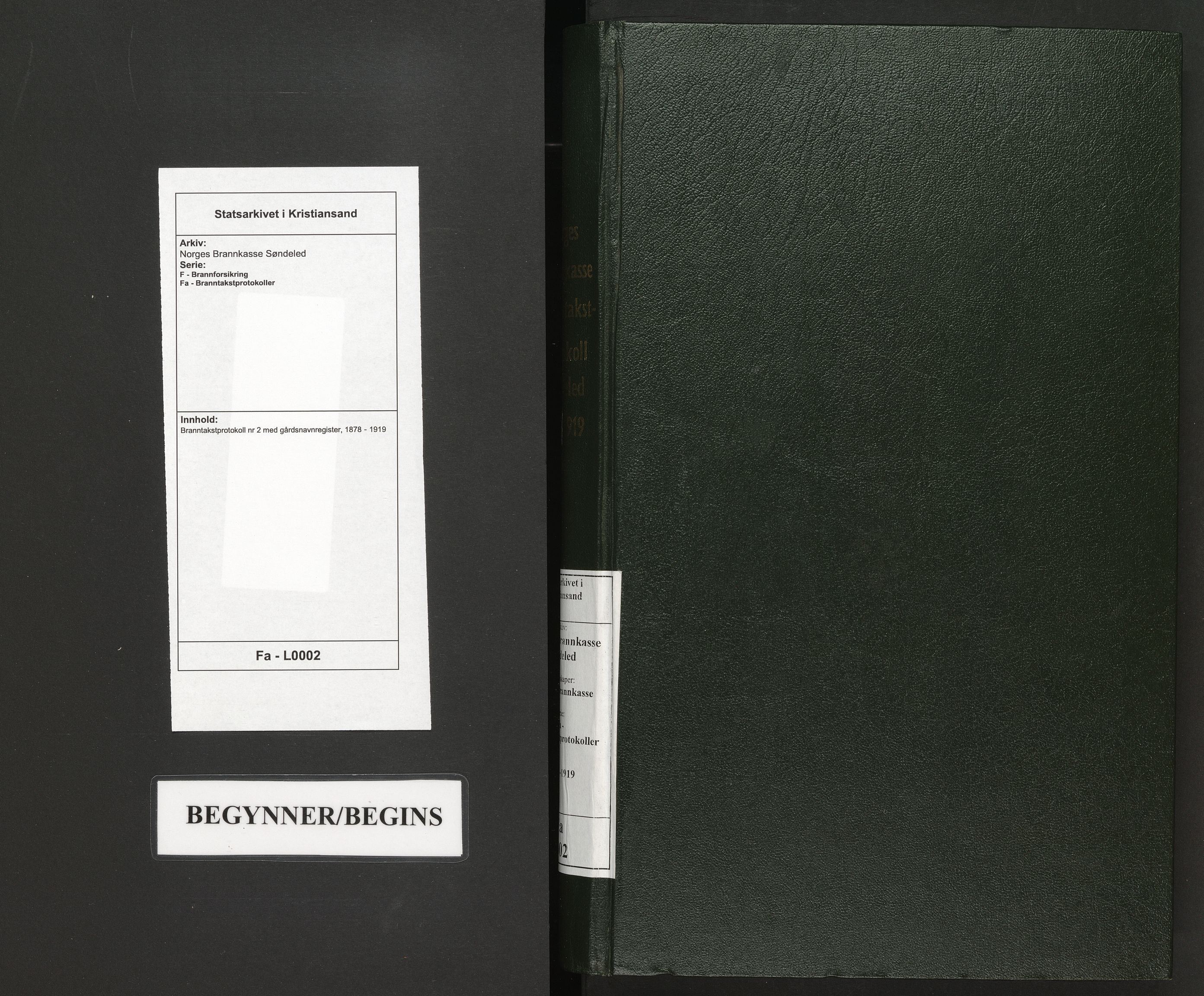 Norges Brannkasse Søndeled, SAK/2241-0047/F/Fa/L0002: Branntakstprotokoll nr 2 med gårdsnavnregister, 1878-1919