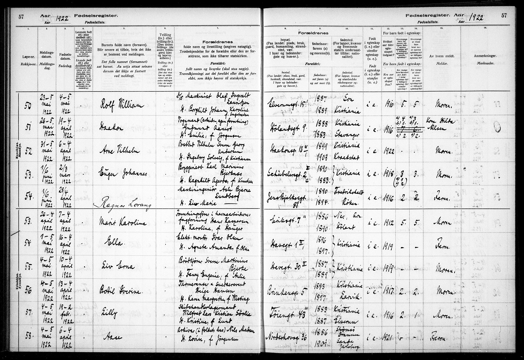 Kampen prestekontor Kirkebøker, AV/SAO-A-10853/J/Ja/L0002: Fødselsregister nr. 2, 1920-1935, s. 57
