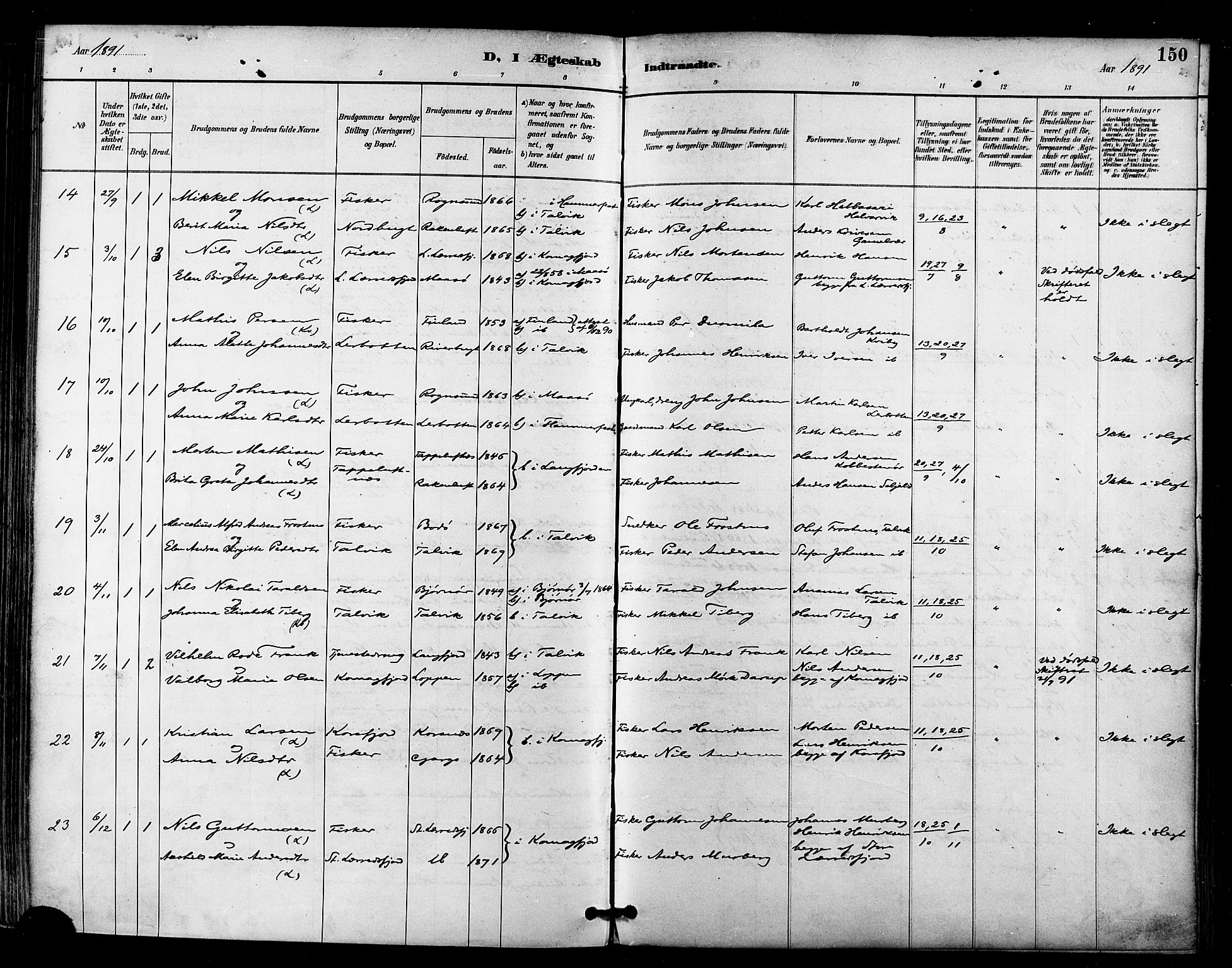 Talvik sokneprestkontor, SATØ/S-1337/H/Ha/L0013kirke: Ministerialbok nr. 13, 1886-1897, s. 150