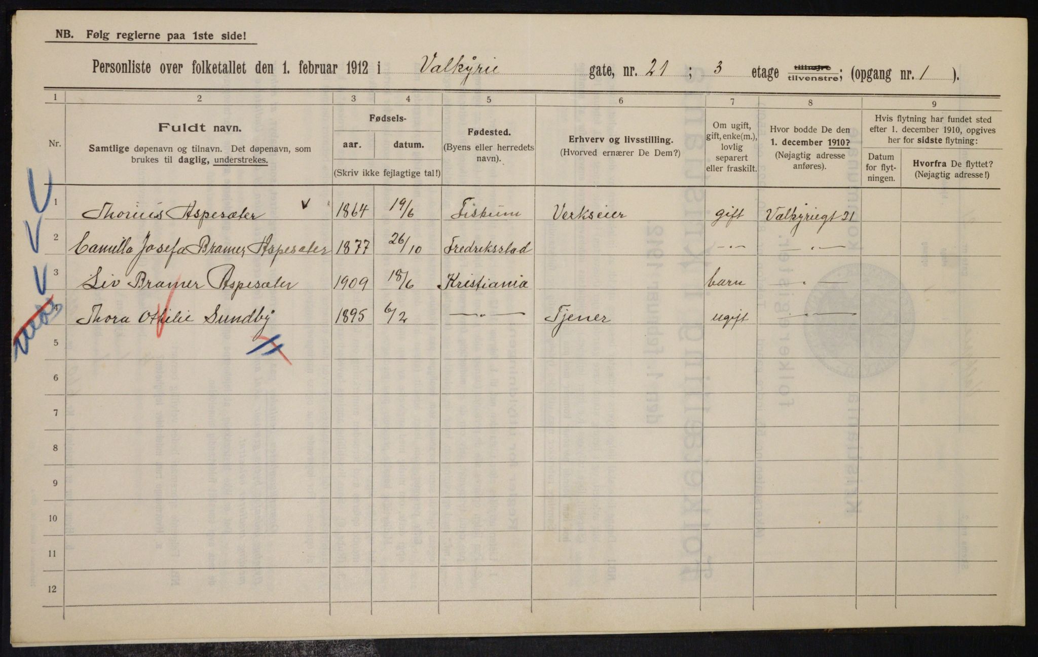 OBA, Kommunal folketelling 1.2.1912 for Kristiania, 1912, s. 121800