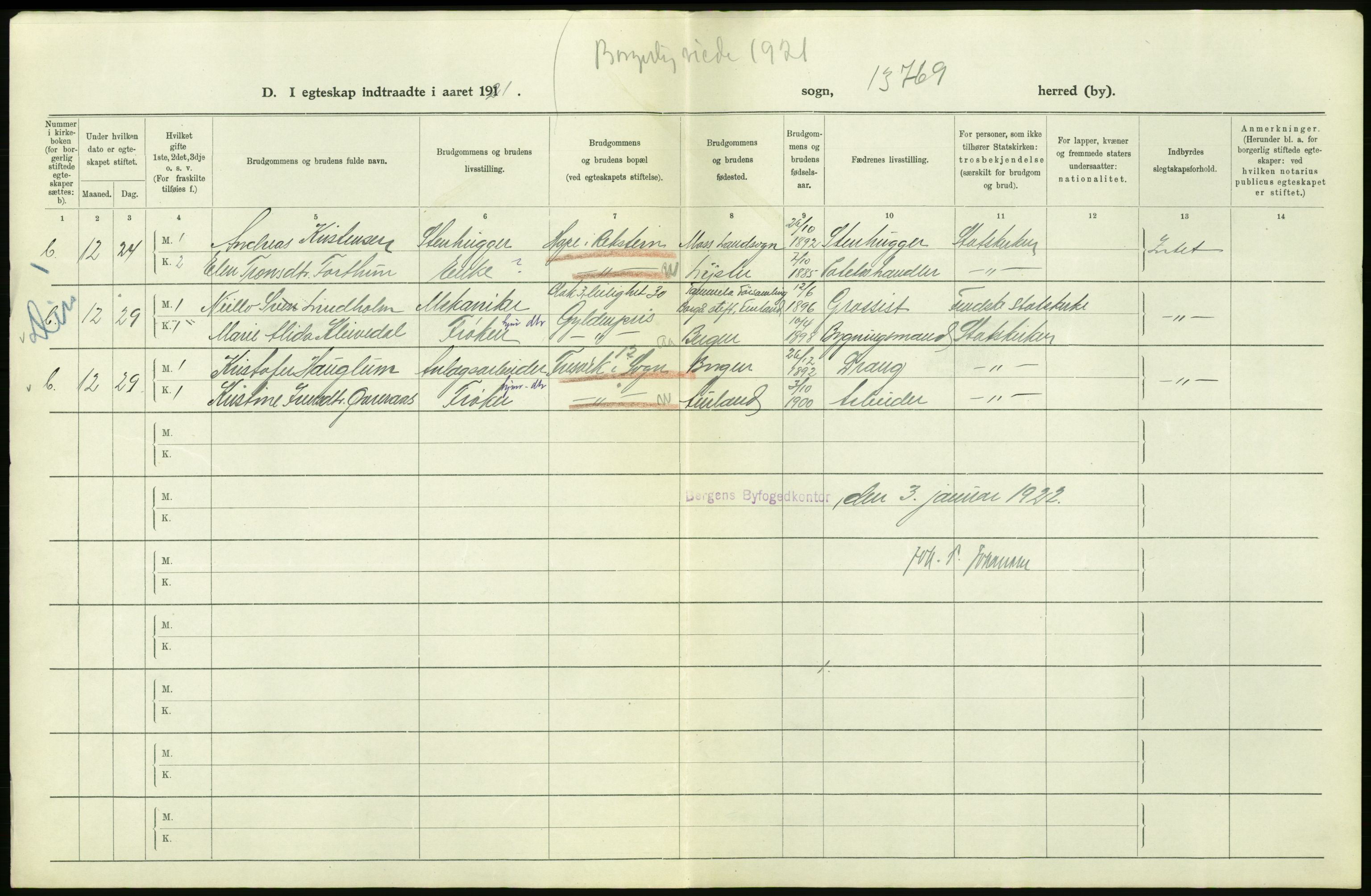 Statistisk sentralbyrå, Sosiodemografiske emner, Befolkning, AV/RA-S-2228/D/Df/Dfc/Dfca/L0035: Bergen: Gifte, dødfødte., 1921, s. 302