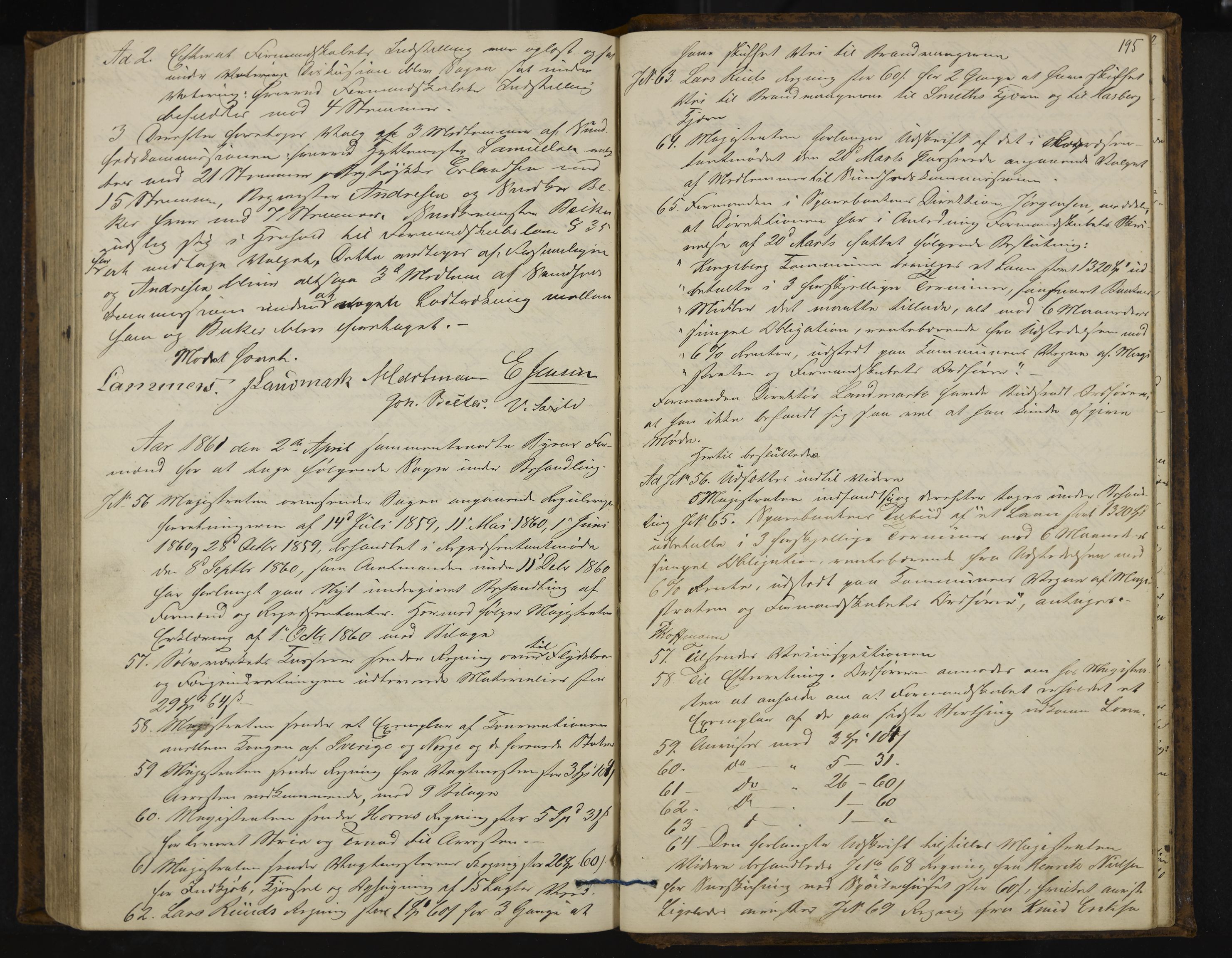 Kongsberg formannskap og sentraladministrasjon, IKAK/0604021-1/A/L0003: Møtebok med register, 1856-1861, s. 195