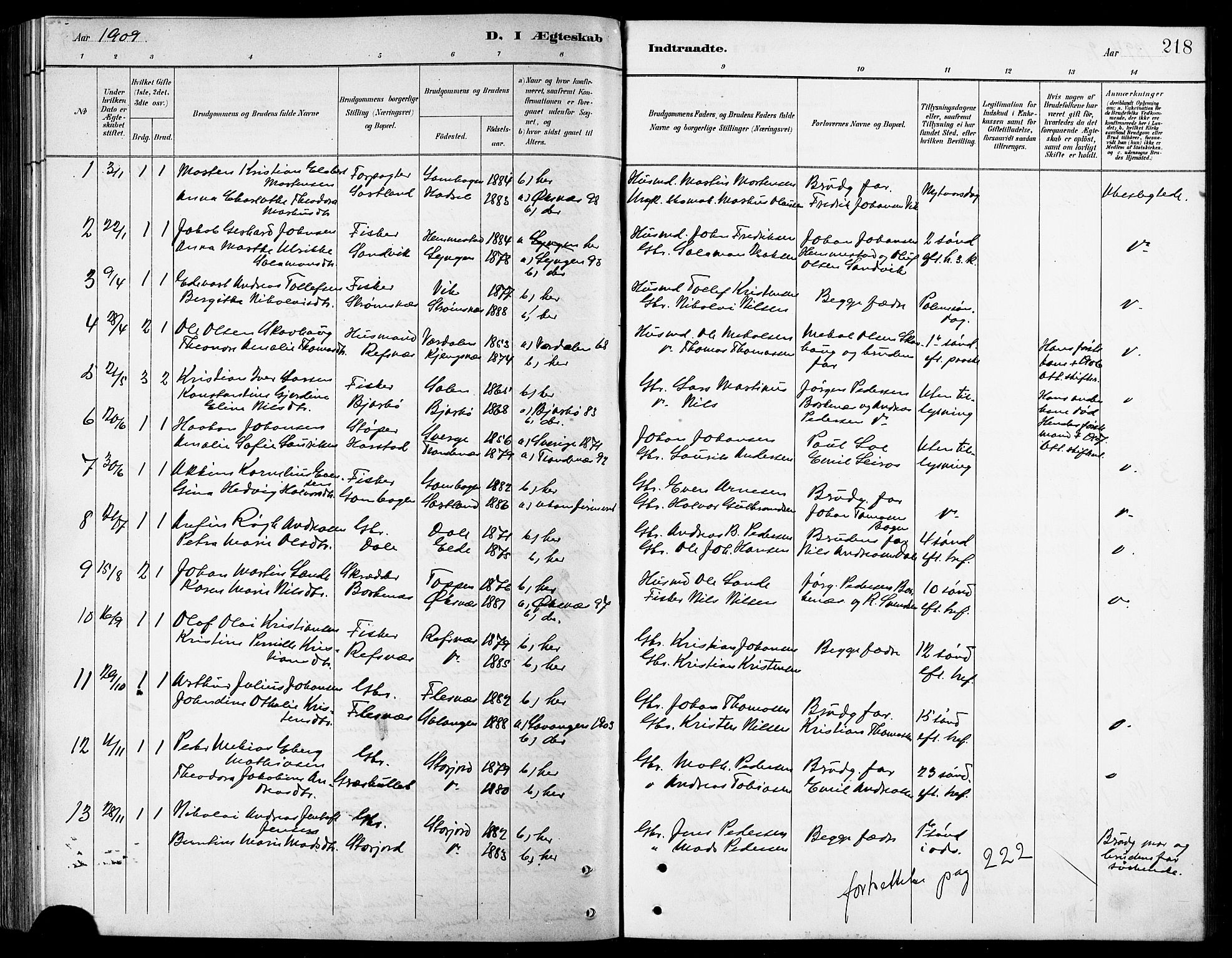 Kvæfjord sokneprestkontor, AV/SATØ-S-1323/G/Ga/Gab/L0005klokker: Klokkerbok nr. 5, 1886-1911, s. 218