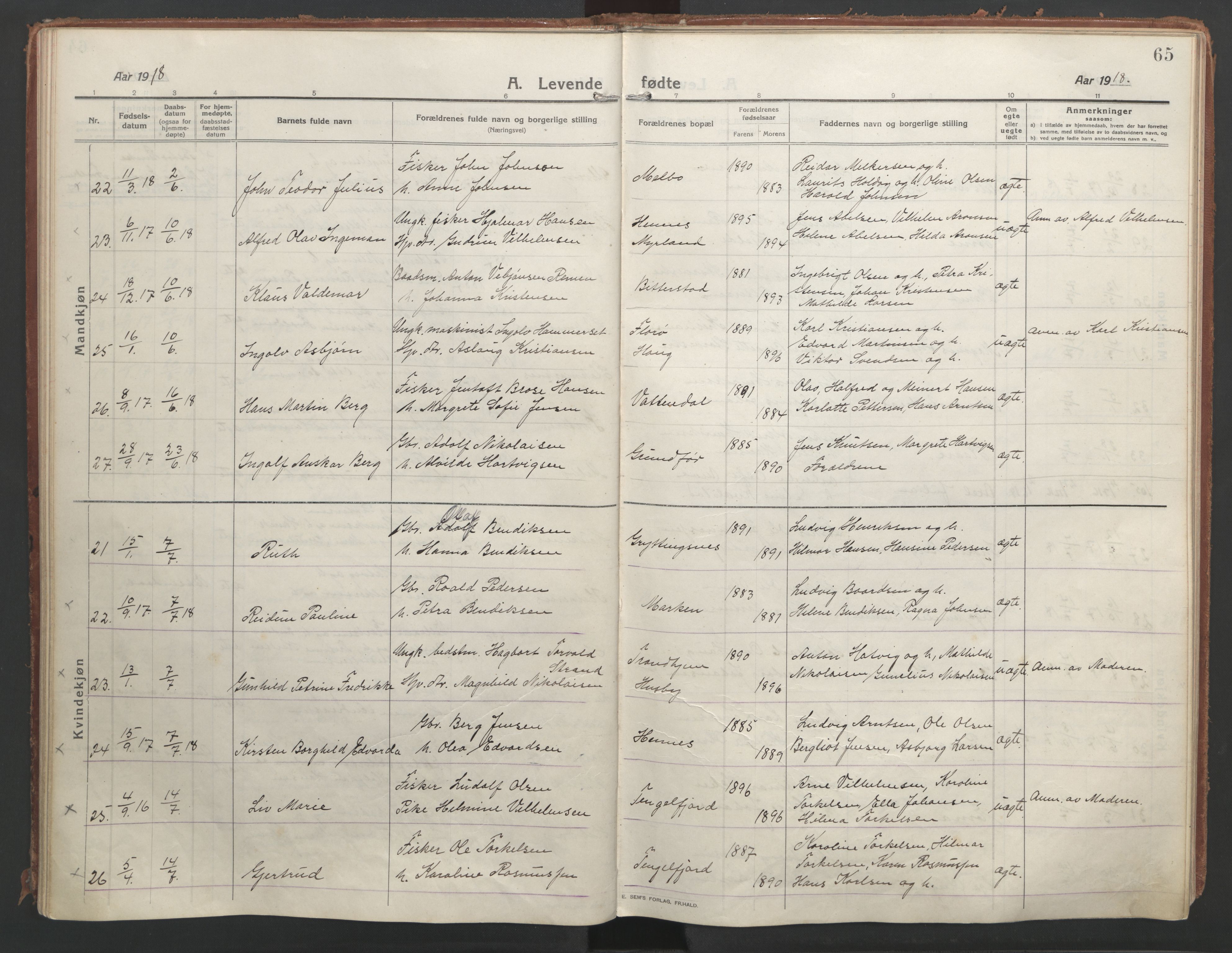 Ministerialprotokoller, klokkerbøker og fødselsregistre - Nordland, AV/SAT-A-1459/888/L1250: Ministerialbok nr. 888A16, 1913-1925, s. 65