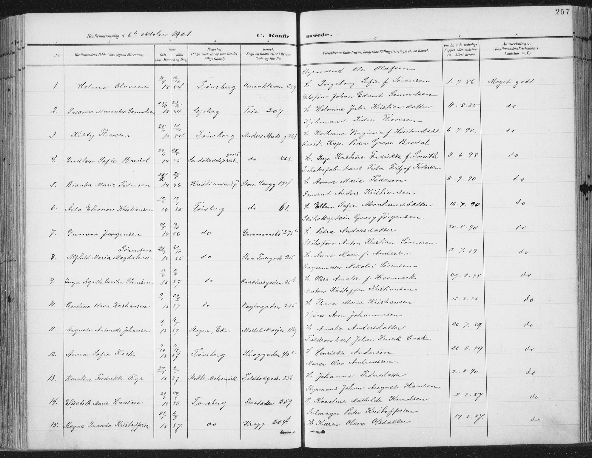Tønsberg kirkebøker, AV/SAKO-A-330/F/Fa/L0014: Ministerialbok nr. I 14, 1900-1913, s. 257