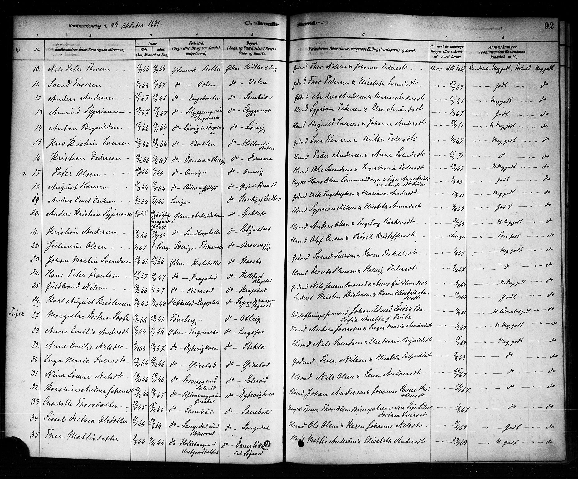 Aremark prestekontor Kirkebøker, AV/SAO-A-10899/F/Fb/L0004: Ministerialbok nr. II 4, 1878-1895, s. 92
