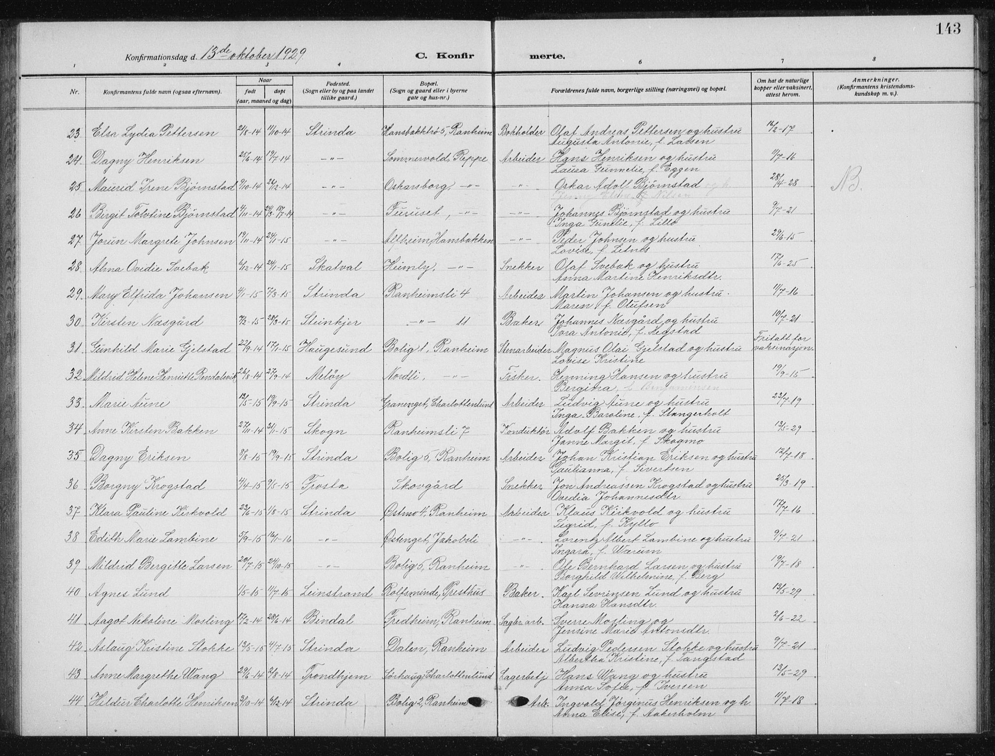 Ministerialprotokoller, klokkerbøker og fødselsregistre - Sør-Trøndelag, AV/SAT-A-1456/615/L0401: Klokkerbok nr. 615C02, 1922-1941, s. 143