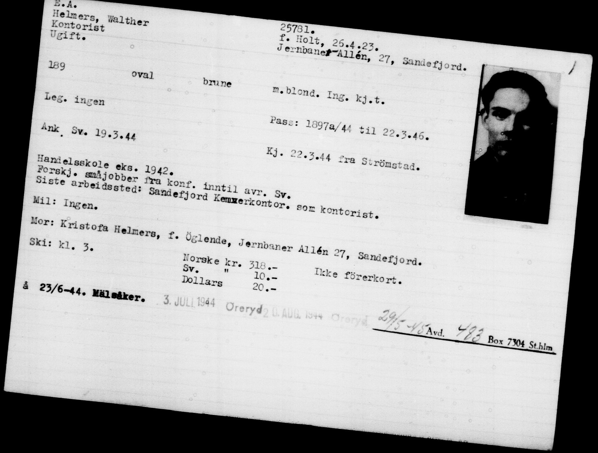 Utenriksstasjonene, Legasjonen i Stockholm, Flyktningkontoret, AV/RA-S-6753/V/Va/L0011: Kjesäterkartoteket, flyktninger med registreringsnr. 25300-28349, 1940-1945, s. 501